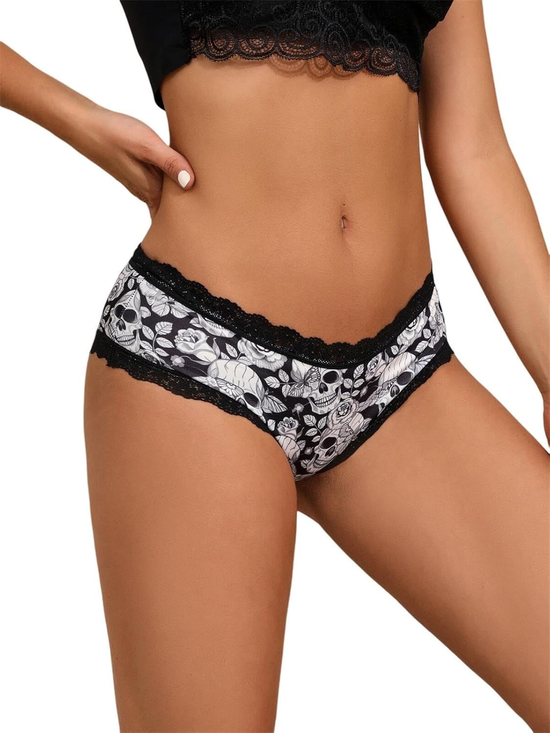 Morvia 10pcs Women's Gothic Contrast Lace Halloween Skull & Rose Print Hipster Panties Assorted Styles - Image 6