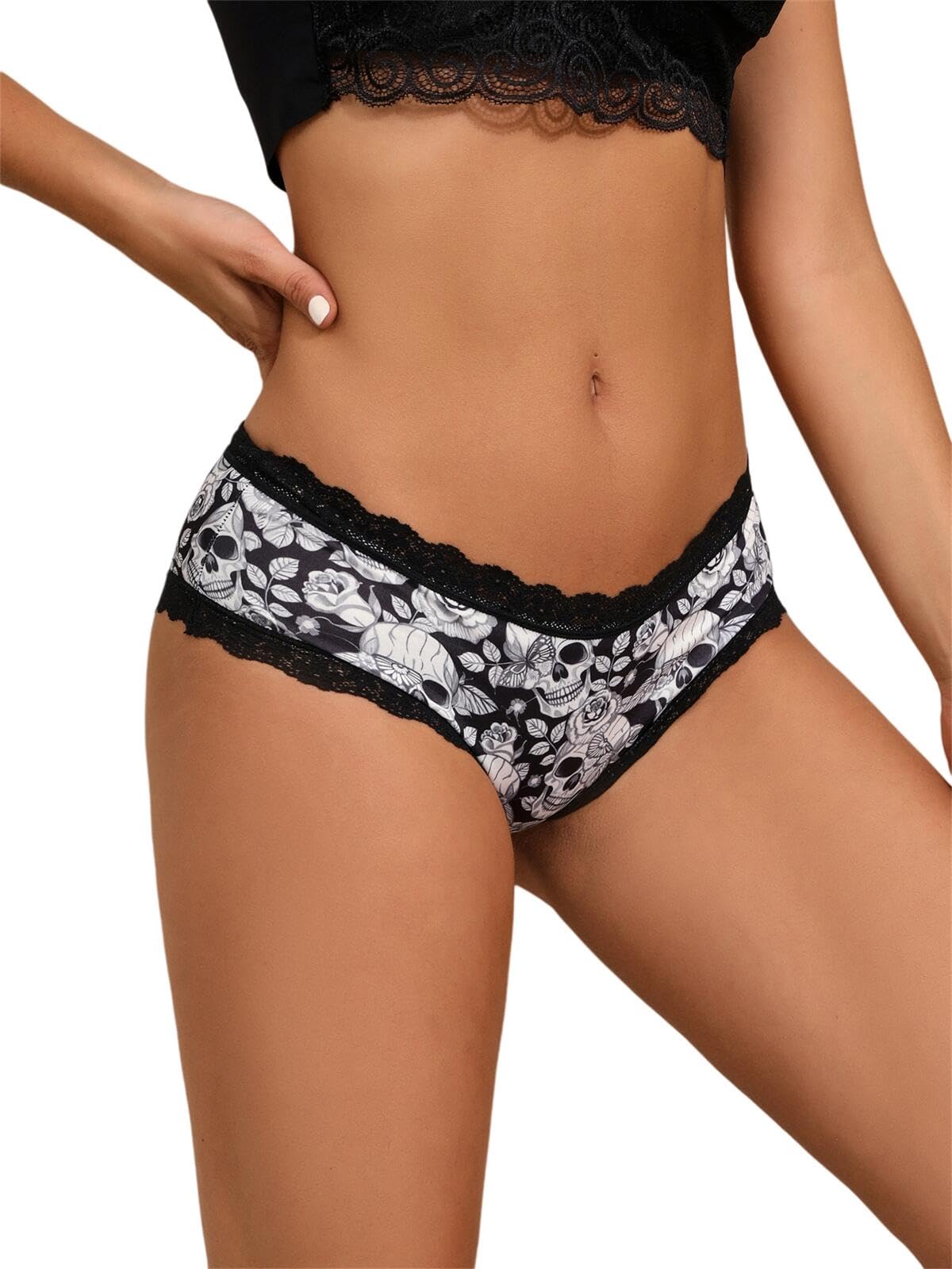 Morvia 10 bragas góticas de encaje de contraste para Halloween, estampado de calavera y rosa, estilo hipster