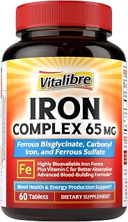 Iron Supplement, 3-in-1 65mg Iron Complex Ferrous Bisglycinate, Sulfate, Carbonyl Iron with Natural Vitamin C, Stomach Friendly Iron Pills for Blood Building, High Absorption, Non GMO, 60 Vegan Tabs