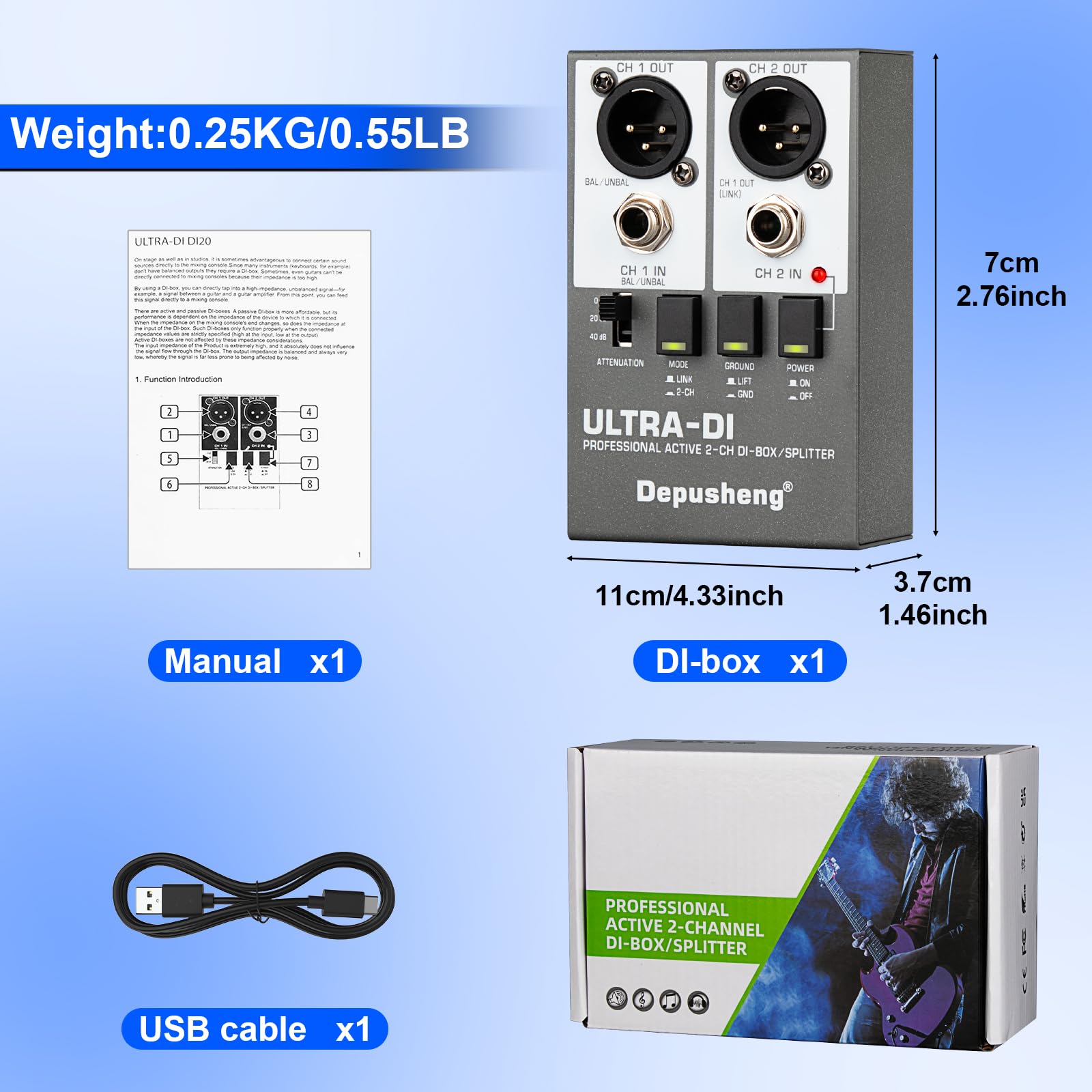Depusheng Ultra-DI Di2 Professional Active DI-Box/Splitter a 2 canali con attenuatore di ingresso per collegare chitarra e basso, connettore bilanciato e sbilanciato, alimentazione 48V supportata