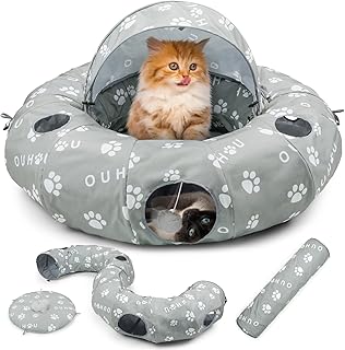 OUHOU Cat Tunnel Bed, Cat Tunnels for Indoor Cats Large, Peekaboo Cat Cave, Cat Donut Tunnel with Awning, Mat, 4 Balls and 6 Peek Holes, Cat Tubes for Kitten，Bunny, Puppy or Small Animals