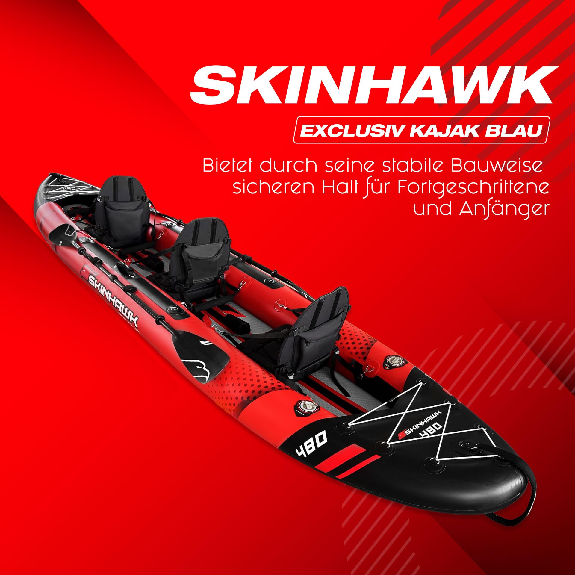 SKINHAWK Exclusivo juego de kayak rojo 480 – bote inflable – canoa – 480 x 96 cm – kayak para 3 personas