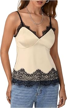 SOLY HUX Women's Satin Lace Cami Top Silk Lingerie Camisole Tops