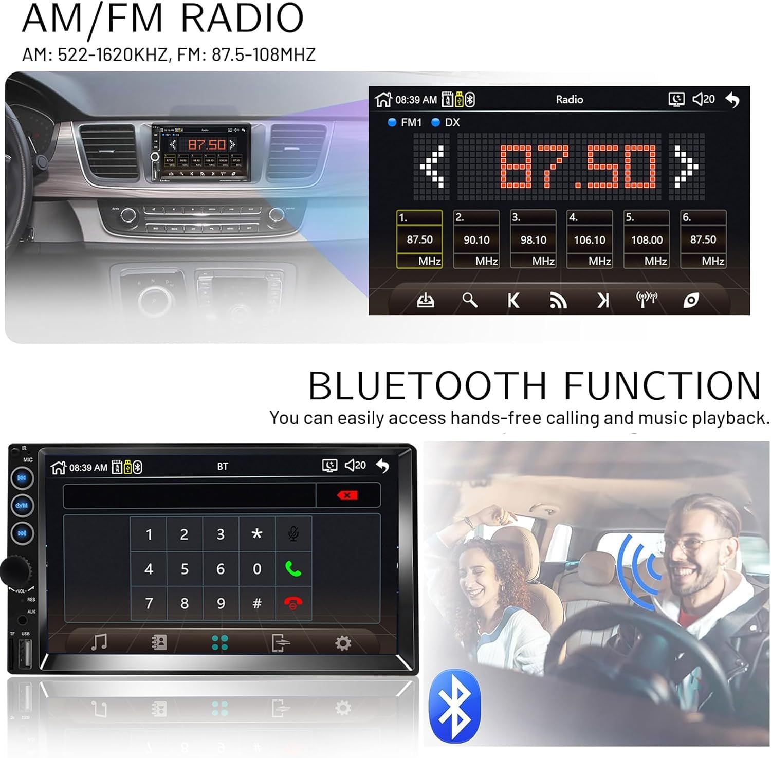 Double Din Car Stereo, 7 Inch HD Touch Screen Car Radio with Backup Camera, Support Mirror Link, AM/FM, Bluetooth/USB/TF/AUX/SWC