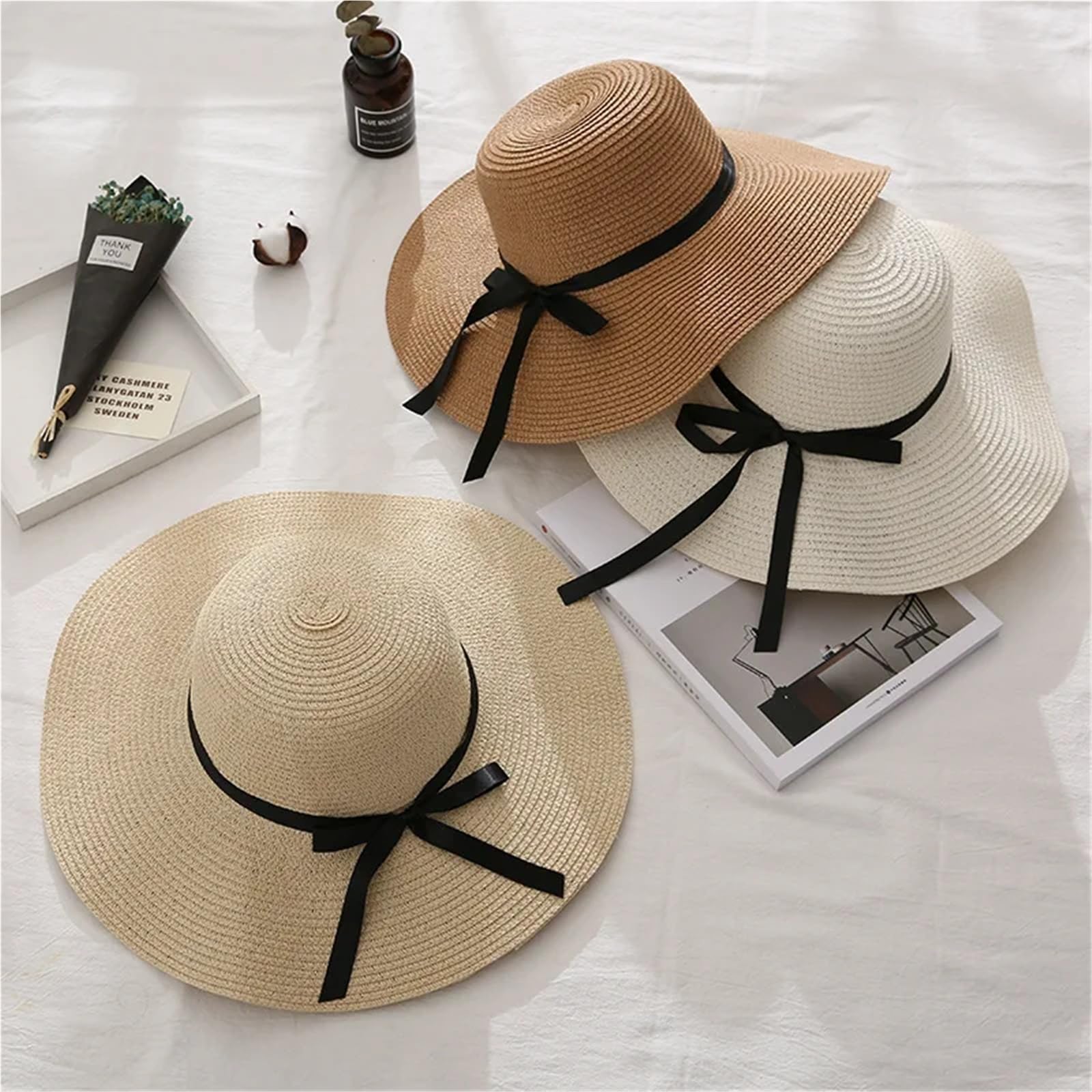 Sombrero Paja 1 Uds. Sombrero de Paja ala Ancha Verano a la Moda diseño Lazo Plegable Sol Playa for Mujer Estilo Coreano Accesorio Vacaciones Hecho a Mano | Beige