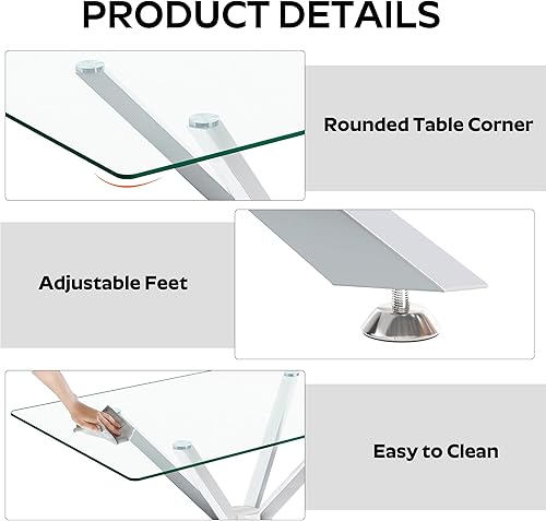Miniatura 6 de Juego de comedor de 5 piezas de vidrio moderno de lujo, juego minimalista de mesa de comedor rectangular para 4, juego de mesa de cocina de 47'' con