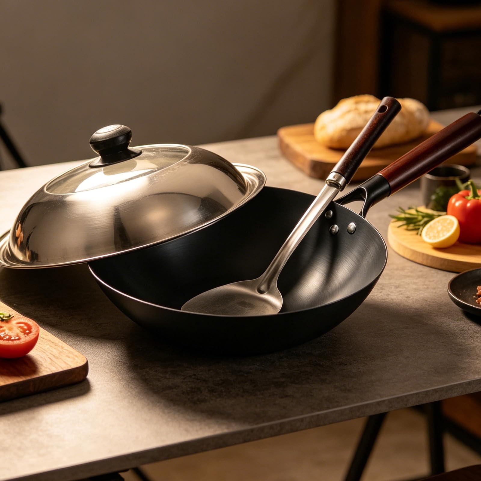 DOITOOL Niepowlekana żeliwna patelnia wok | Ręcznie robiona chińska patelnia do smażenia z pokrywką i szpatułką | Niepowlekany, wytrzymały żeliwny wok z drewnianym uchwytem do kuchenek gazowych