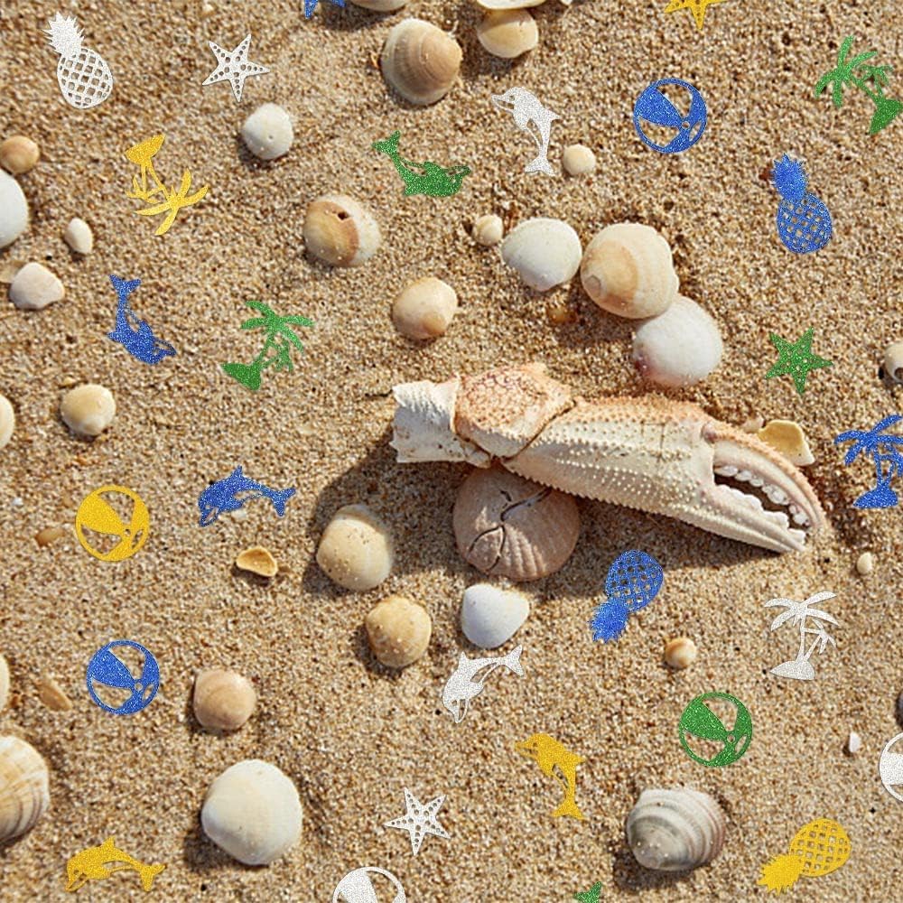 Hying 200 Pieces Summer Confetti Decorations for Table, Dolphin Starfish Sequins Glitter Yellow Silver Table Confetti Sea Coconut Tree Paper Confetti Decoration for Summer Holiday Beach Party Favors