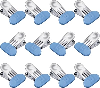 Chip Bag Clips, 12 Pack, Blue, 1.5 Inches Wide | Silicone Edges, Stainless Steel, Air Tight Seal, Heavy Duty, For Kitchen and Office