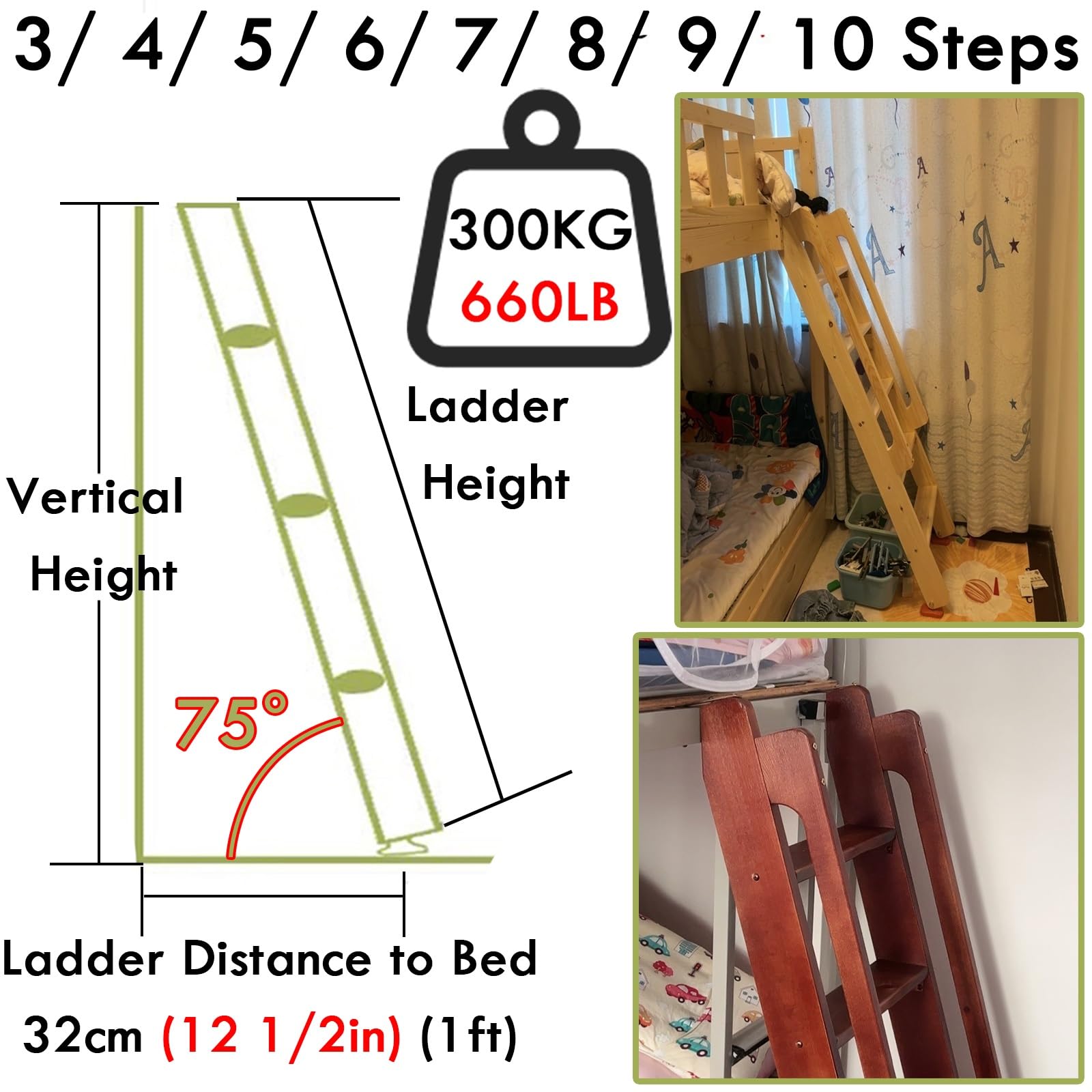 Escalera de Madera Resistente para literas con peldaños de 10 cm de Profundidad - Ideal para literas de caravanas y autocaravanas, para Usar Junto a la Cama en dormitorios, 213,4 cm (84 pulg