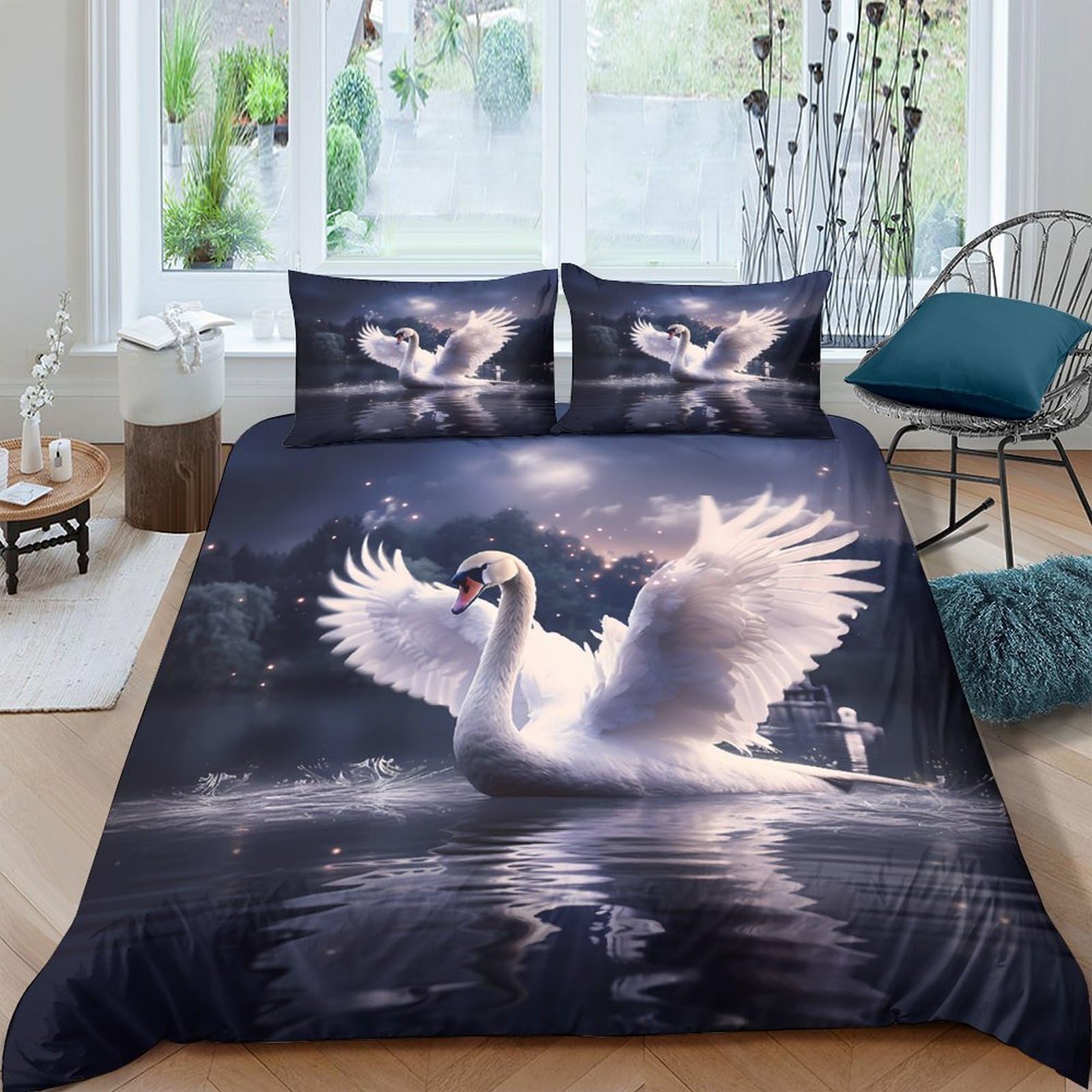 Ctjqhvkz Style-9 3D Printed Elegant Swan Fitted Sheet Microfiber Soft Navy Blue Water Reflection Bed Cover For Bedroom Guestroom Decor Single（135X200cm）