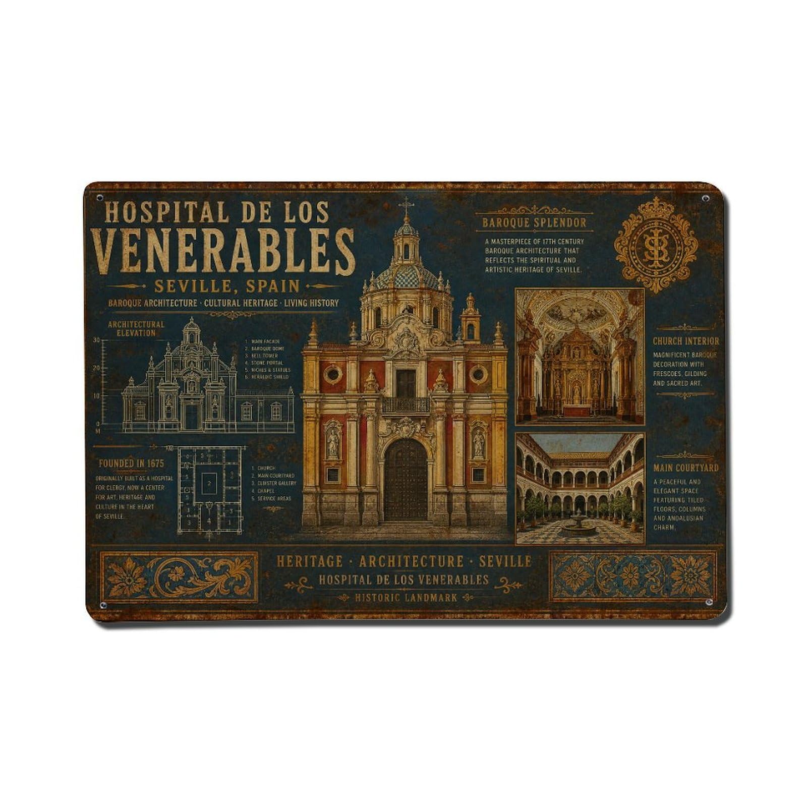 Vintage Travel Hospital Venerables Seville Baroque Church Metal Tin Sign