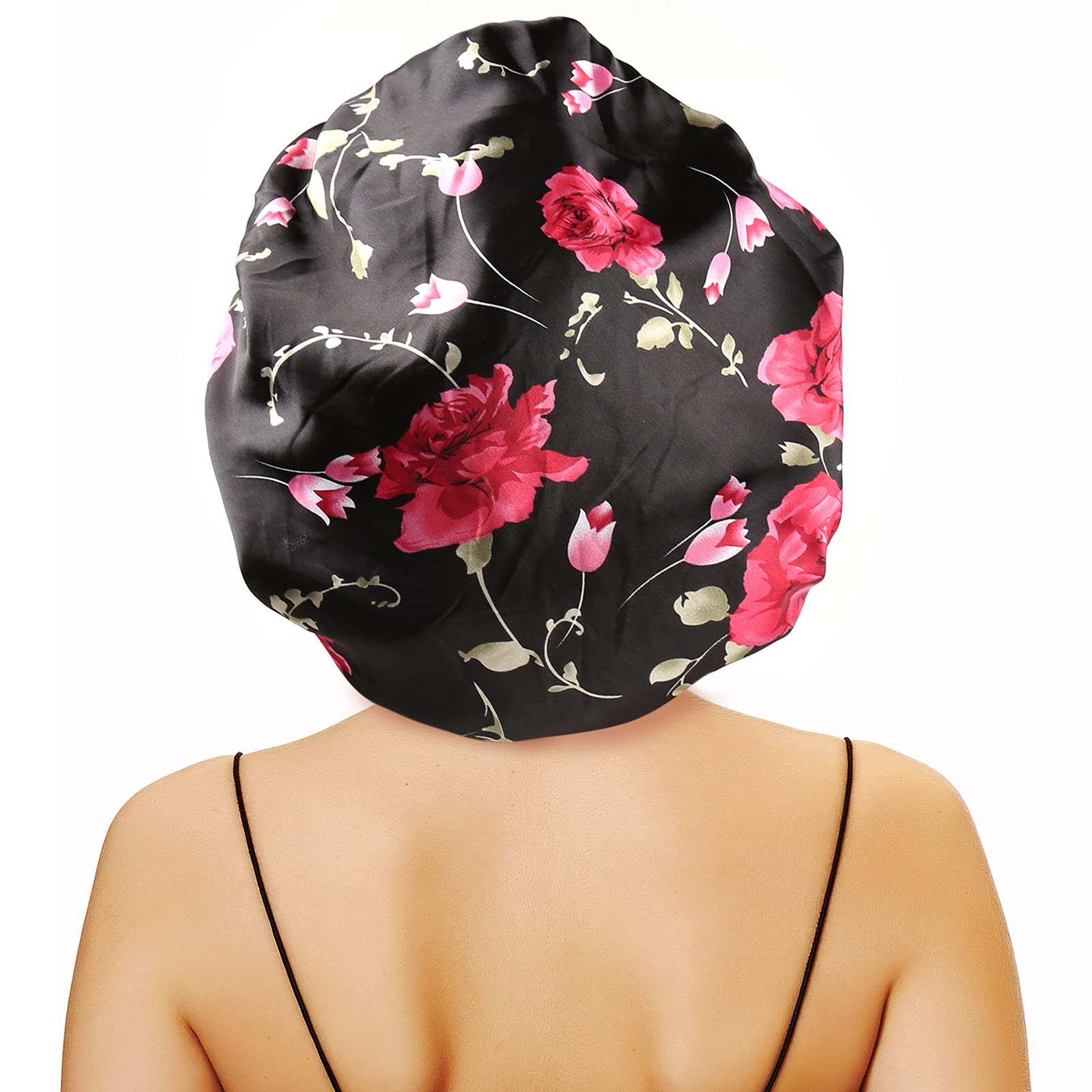 sent hair Large Round Satin Bonnet for Sleeping, Double-Layer Elastic Hair Bonnet with Silky Tie Band for Women Braids/Curly/Long Hair - Black Floral