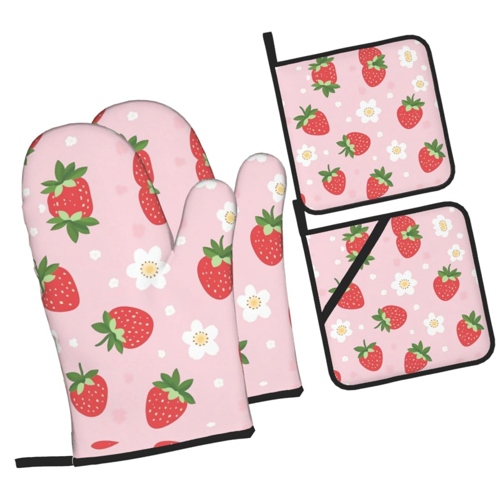 Juego de 4 manoplas de horno y soportes para ollas de fresa, resistentes al calor, guantes de cocina antideslizantes para cocina, hornear, asar a la parrilla