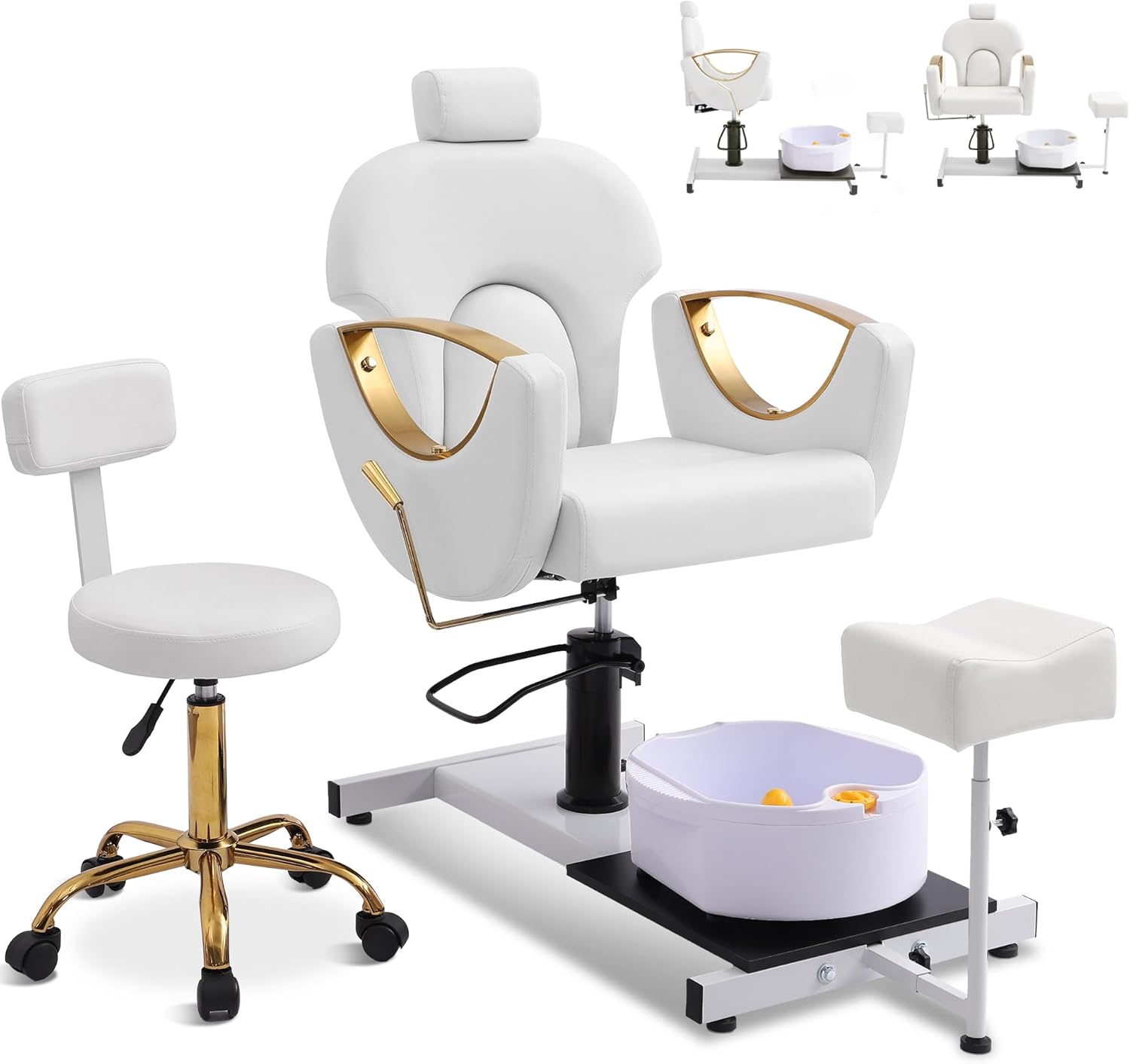 KIGOTY Pedicure Chair No Plumbing with Massage Foot Spa & Stool, Adjustable Hydraulic Lift Reclining Pedicure Station, 360° Swivel Nail Tech Pedicure Chair for Salon Spa Home, Soft White-Gold