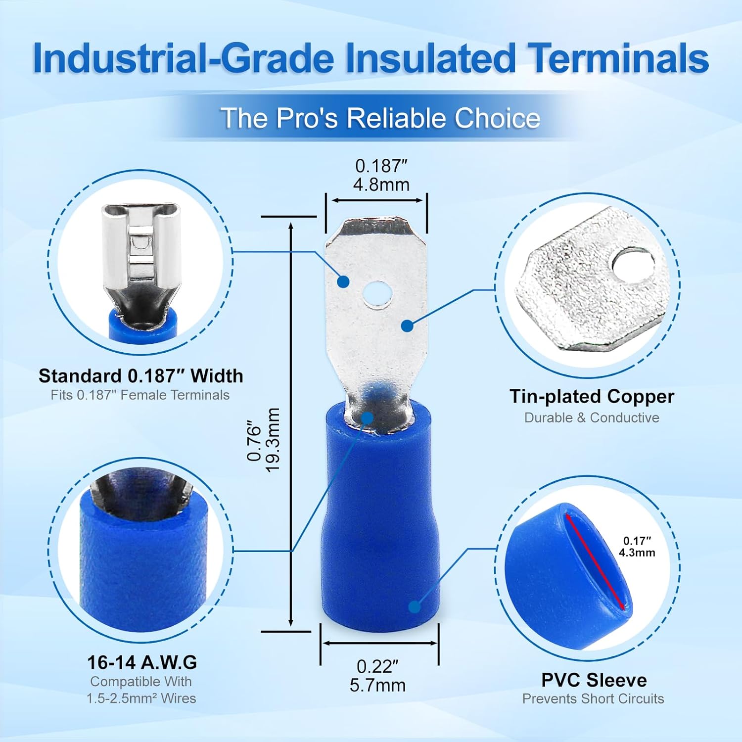 Baomain 1000-Pack 0.187" Male Quick Disconnect Spade Connectors,16-14 AWG,4.8mm (3/16 Inch), Insulated Terminals Blue