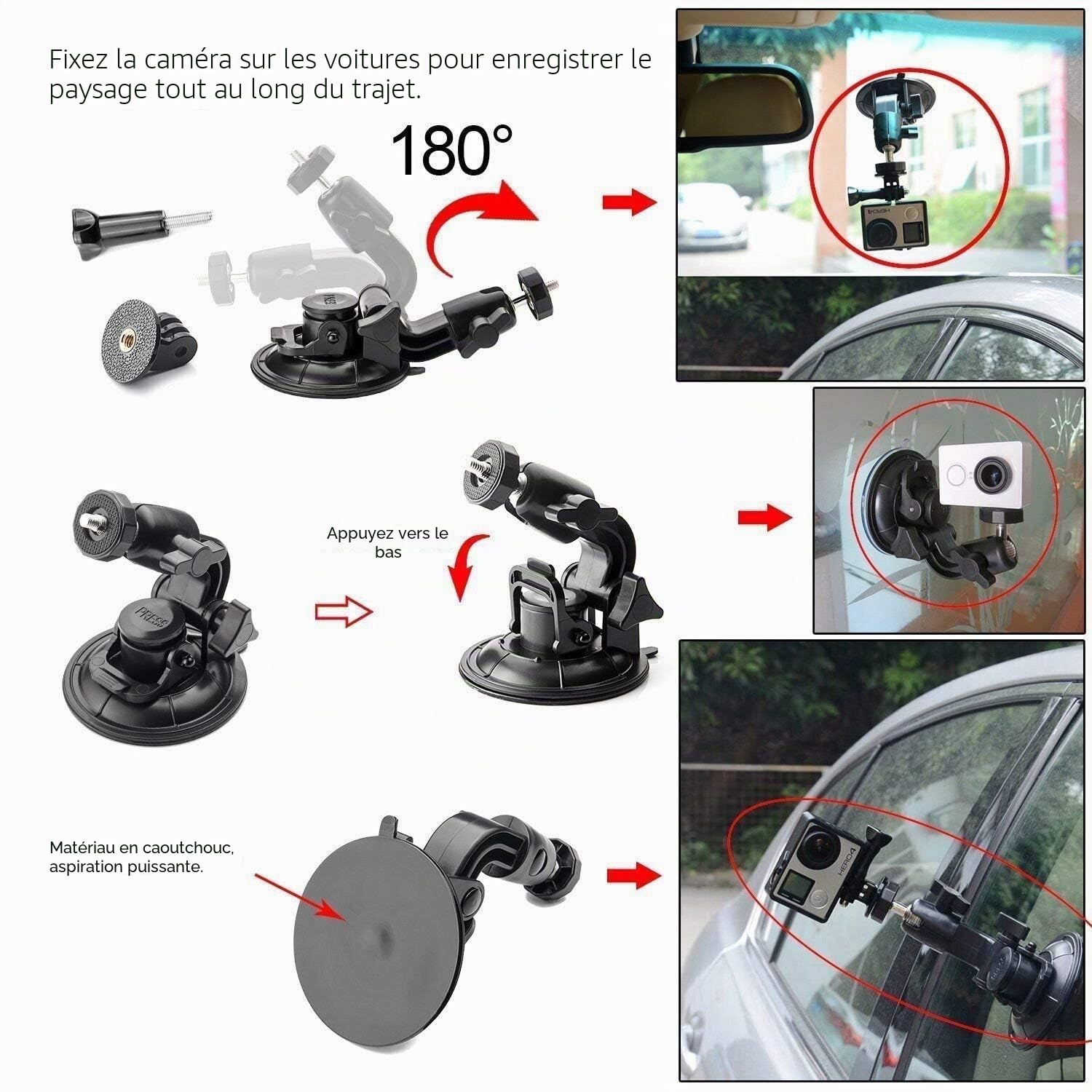 Ventouse ISHOXS M1GT – Alliage Alu 6061 T6 – Rotule 3D/360° – Compatible GoPro, DJI, Insta360 – TÜV