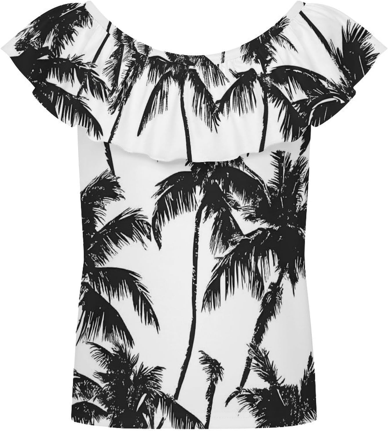 Black and White Palms Trees Girls T-Shirts Top Ruffle Short Sleeve Blouse Casual Graphic Tees