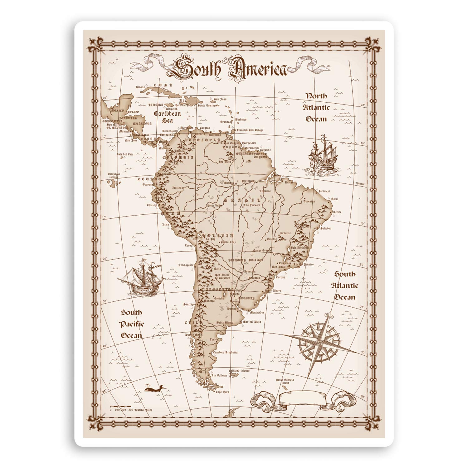 Destination Vinyl Ltd Multi 2 X 10Cm Vintage South America Map Vinyl Stickers Travel Luggage Sticker #31576 (10Cm Tall)