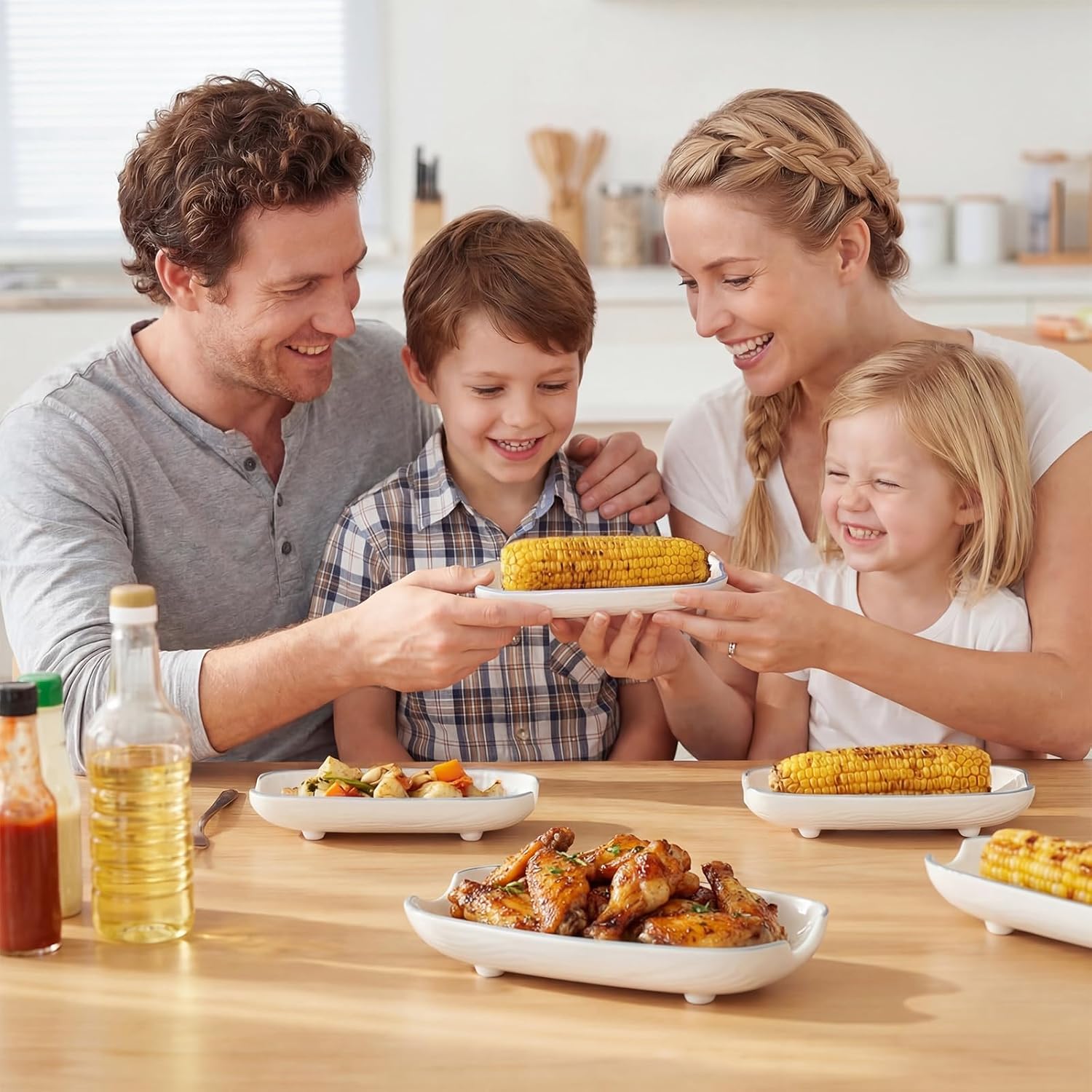 Potchen 6 Set Corn on the Cob Ceramic Holders White Ceramic Dishes 8.5 Inches Durable Stoneware Side Plates with Blue Trim Non-slip Bottom Cob Trays for Corn Festival Vegetables Snacks