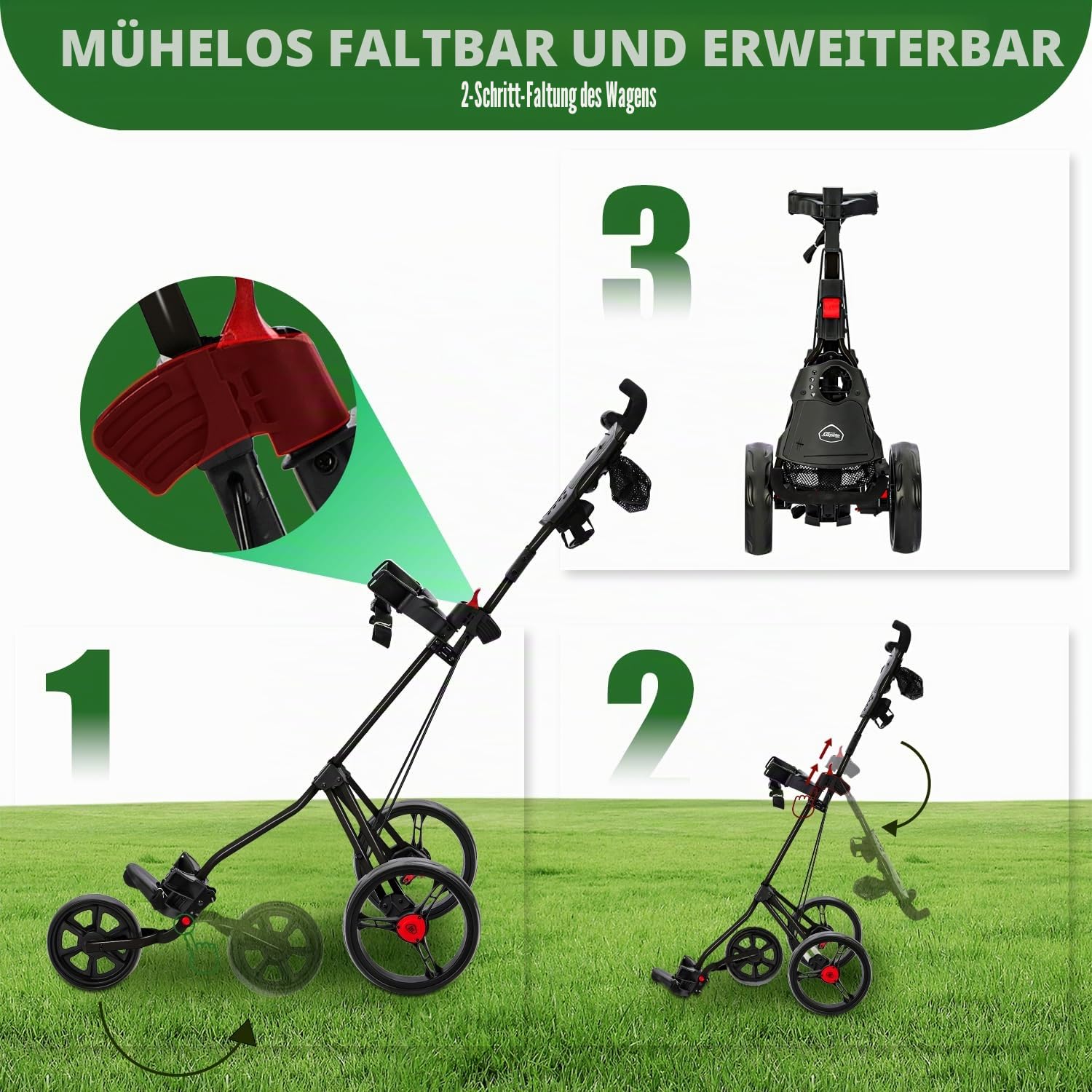 XDriveMax Golf Trolley 3 Rad,Golftrolley Klappbar,Leichter Golf Trolleys für Golfschläger und Golfbag, mit Getränkehalter,Scorekartenhalter und Ablagefach(schwarz)