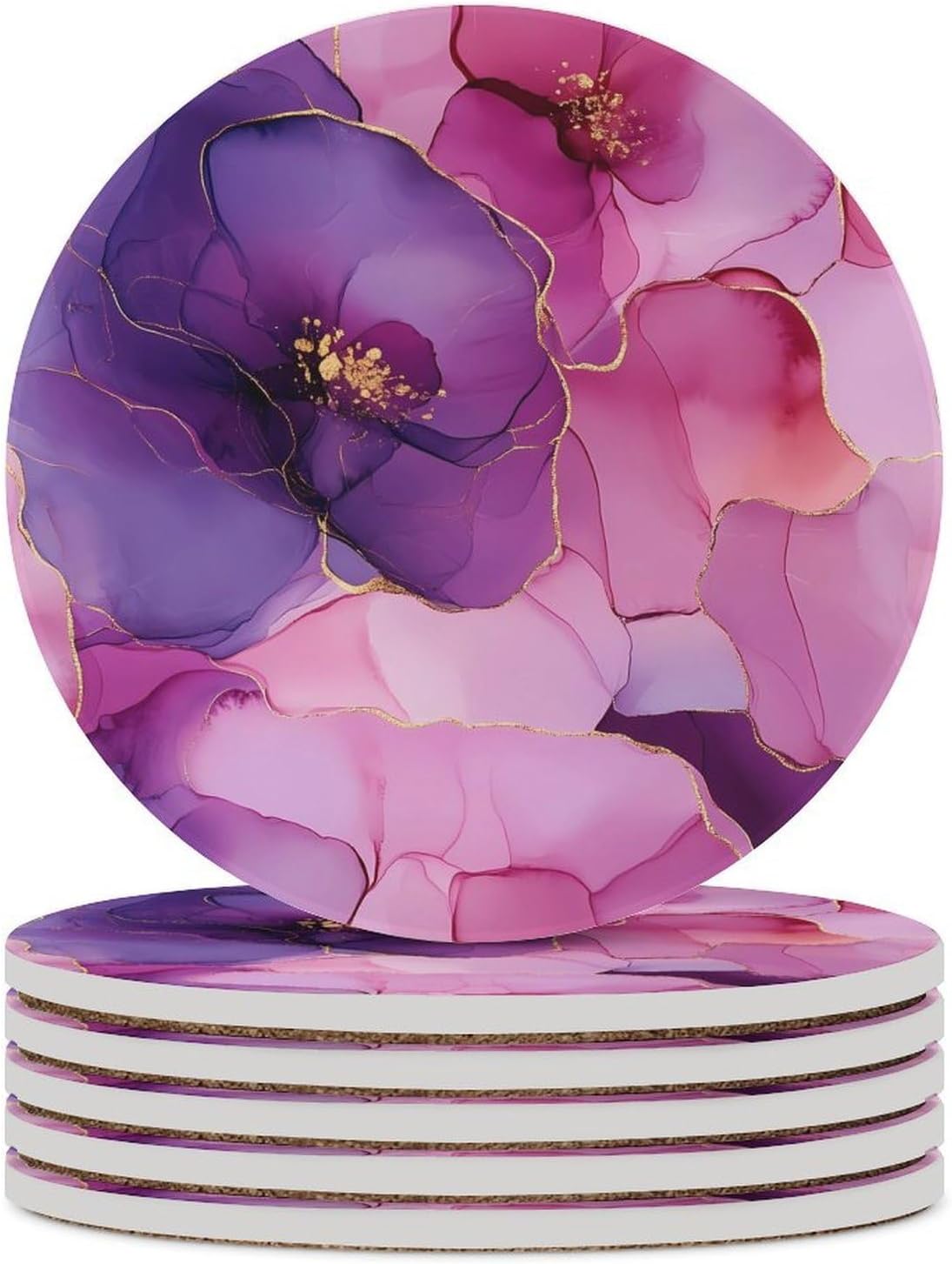 Marble Tie Dye Gradient Coasters for Drink Round Ceramic Coaster with Cork Base Home Decorative 6PCS