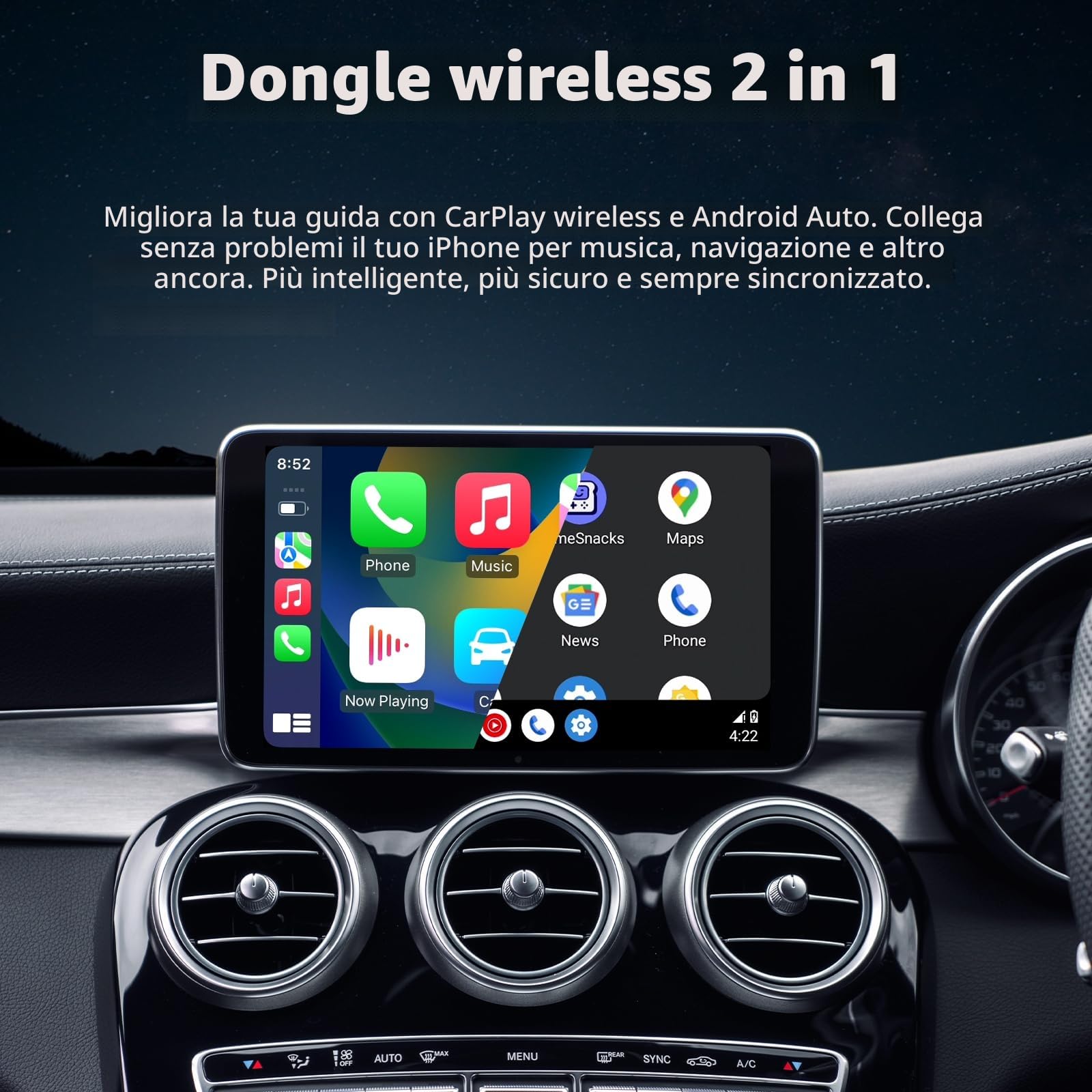 Adattatore per auto wireless CarPlay e Android 2 in 1: compatibile con Apple CarPlay, Android Auto, Plug & Play, connessione wireless veloce