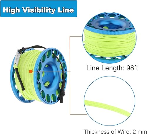 Miniatura 4 de YUNNLEZT 98FT Finger Reel Scuba Diving, Aluminum Lightweight Scuba Finger Spool Reel with Double-Ended Bolt Snap Clip for Snorkeling Scuba Diving