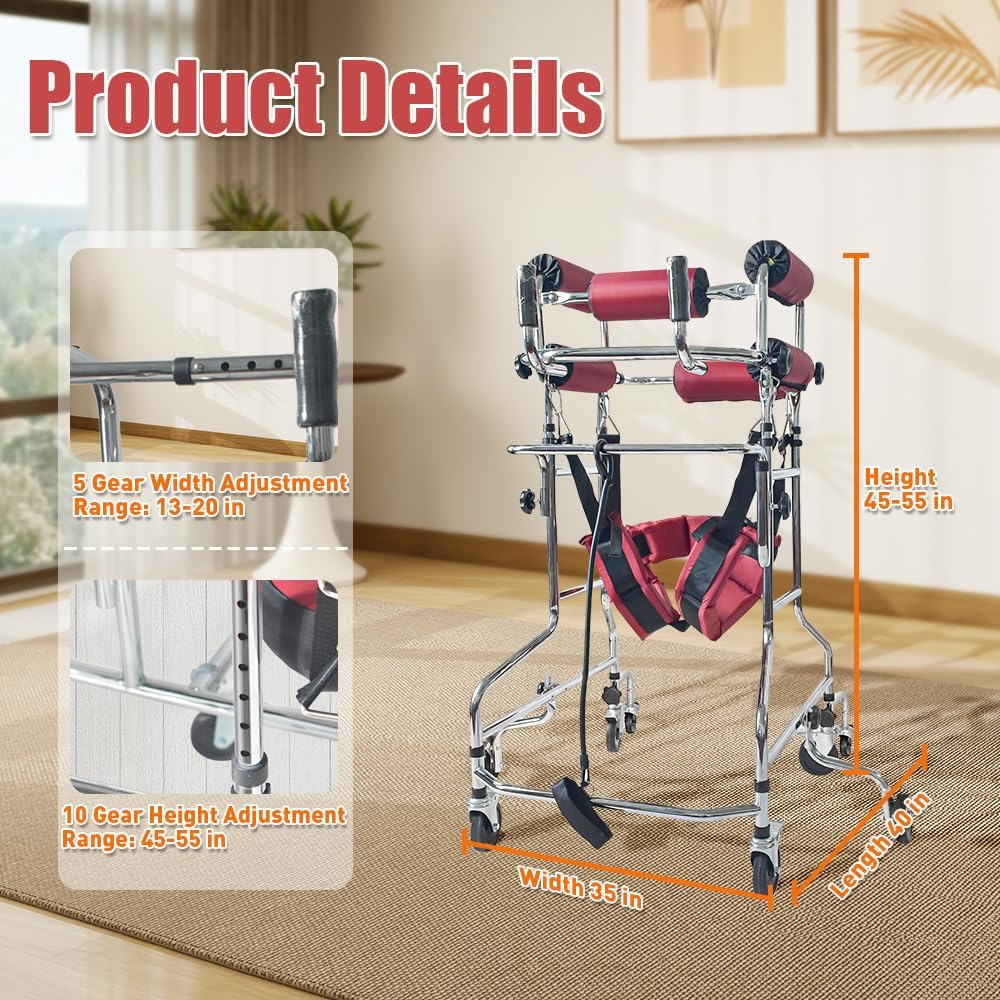 Standing Rehabilitation Walker for Adults – Upright Mobility Aid for Stroke Recovery & Hemiplegia Therapy, Adjustable Support Frame with 8 Wheels, Anti-Tilt Design (Standard Version (No Hand Brake))