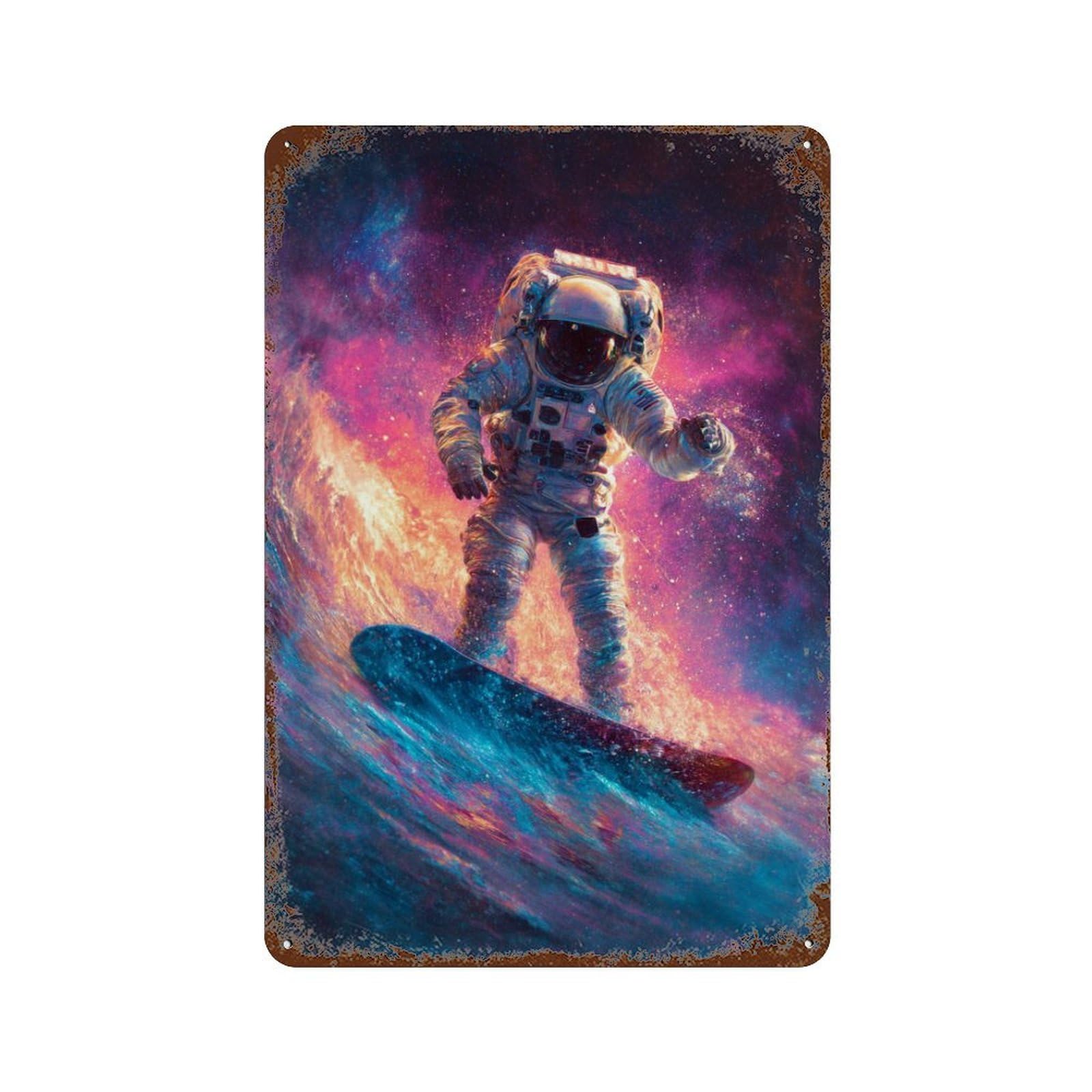 Space Surfing Adventure-13 Aged Metal Wall Plaque 11.8"x7.9", Rustic Home Decor for Garage, Pub Or Kitchen