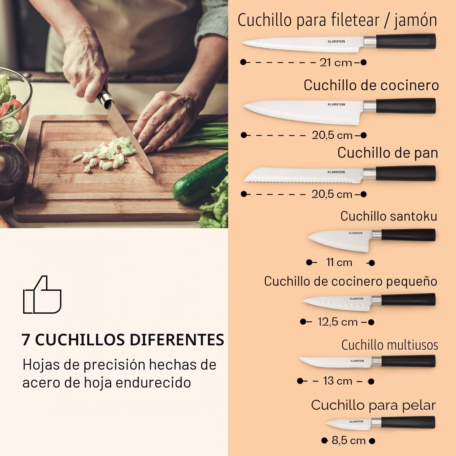 Klarstein Juego de Cuchillos Cocina y Bloque Cuchillo, 7 Set Cuchillos Cocina Profesional y Soporte de Madera, Juego de Cuchillos Chef Acero Inoxidable, Anti Arañazos y Afilados, Diseño Japonés