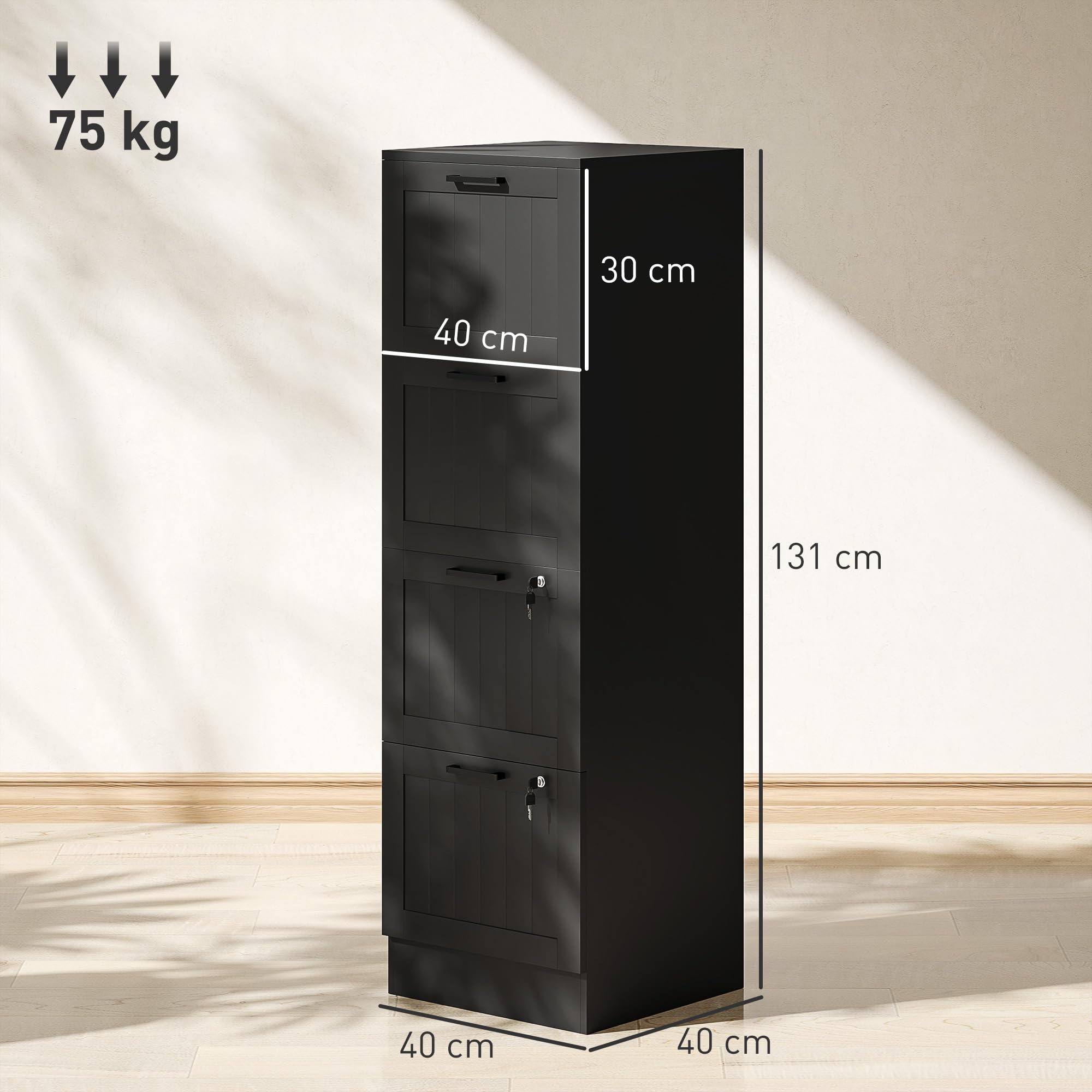 HOMCOM Caisson bureau avec 4 tiroirs et serrures, meuble rangement bureau avec barres de suspension réglables pour documents, caisson de rangement compact pour travail ou chambre, 40x40x131cm, noir