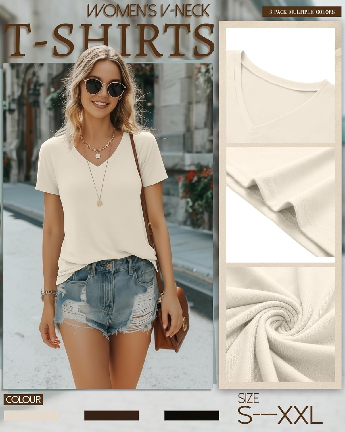 Riyiper 3 Pack Women's V Neck T-Shirts Short Sleeve Loose Fit Tops Casual Basic Trendy Straight Hem Plain Tees - Image 4