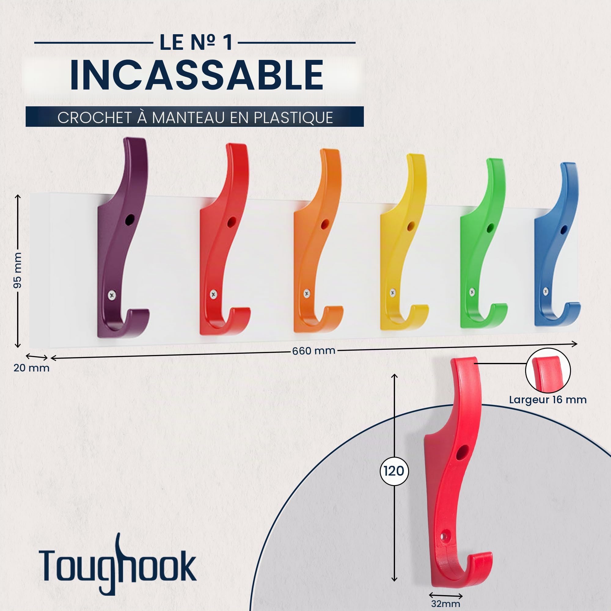 Toughook Porte-manteau mural – Incassable Arc-en-ciel 6 crochets double crochet robuste Cintre peu encombrant pour vêtements, sacs, chapeaux et serviettes, durable, sûr et adapté aux enfants pour