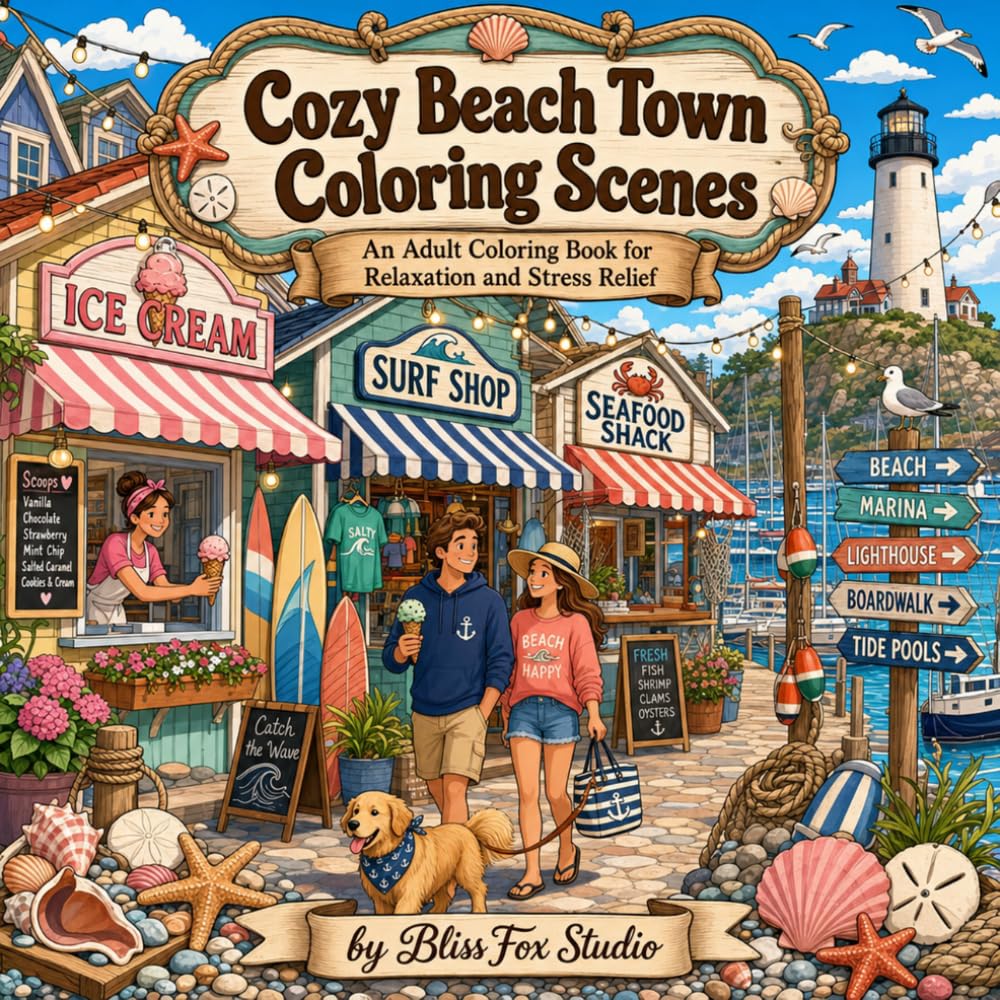 Cozy Beach Town Coloring Scenes: An Adult Coloring Book for Relaxation and Stress Relief