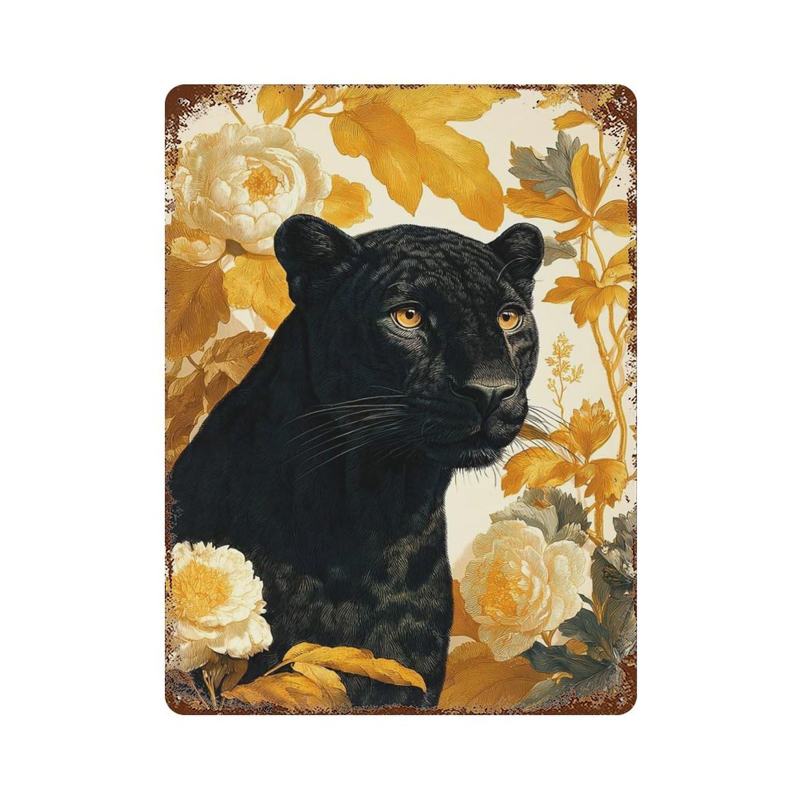 Retro Metal Sign Black Panther with Floral Background 15.7"x11.8", Retro Wall Decor for Living Room, Hallway And Home Decor
