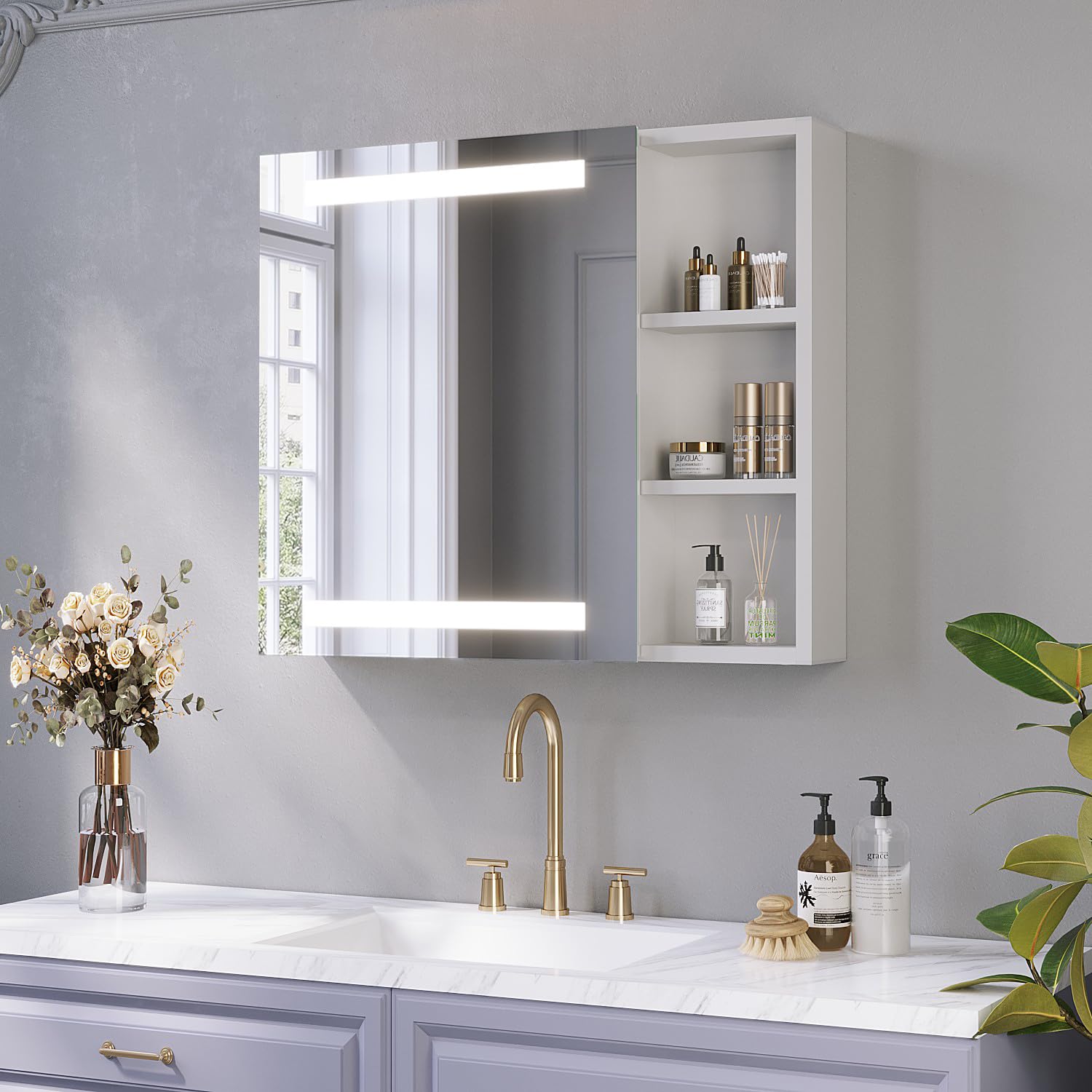 AQUABATOS Spiegelschrank Bad mit Beleuchtung und Steckdose 70 cm breit 60 cm höhe Aluminium Schrank Badspiegel Links offenen Fächern rechts LED Badschrank Infrarot Sensor Antibeschlag dimmbar