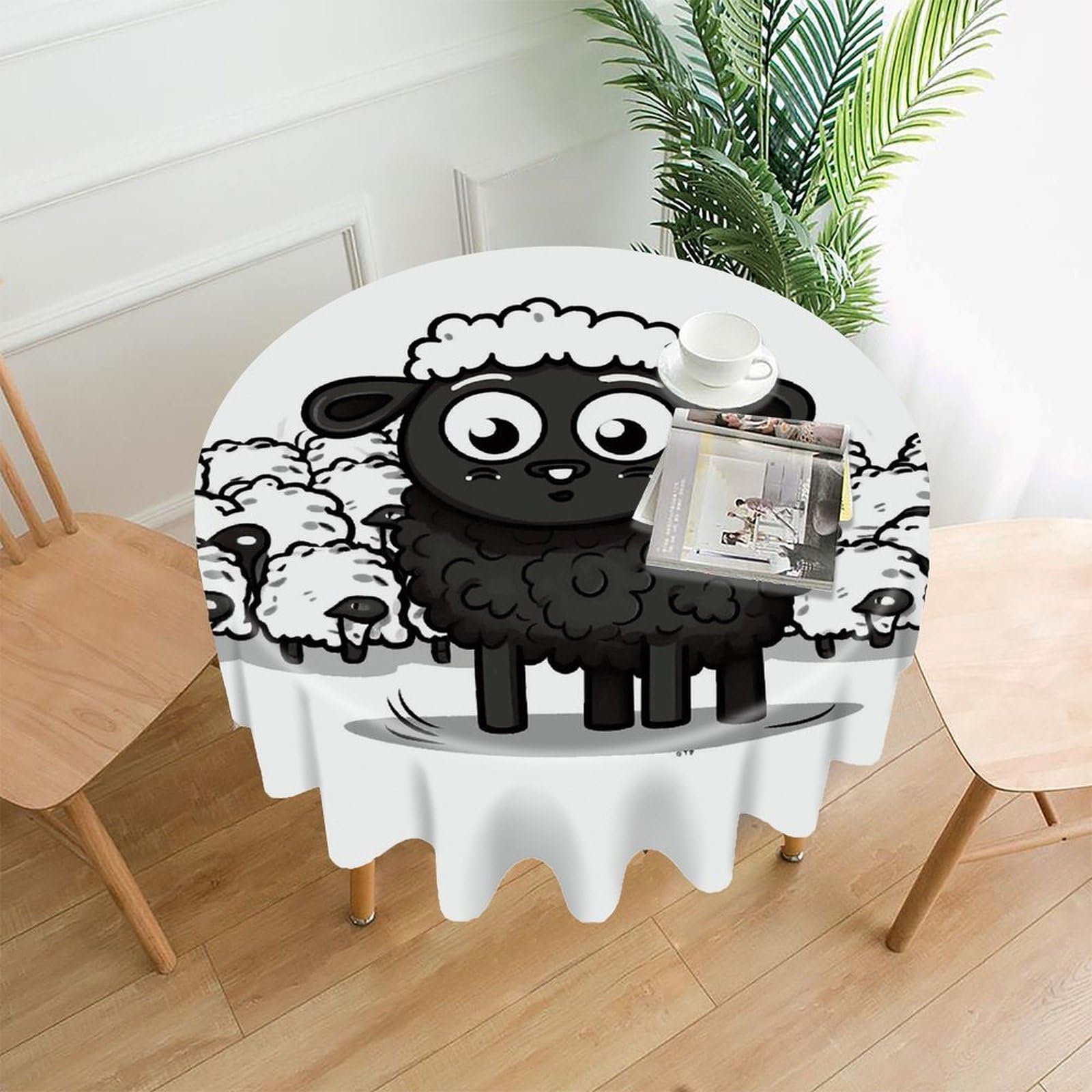 FodPand Cartoon Black White Sheep Round Tablecloth - 60 Inch Premium Polyester Table Cloth, Fashion Wrinkle Resistant Decorative Table Cover for Dining Kitchen Party Buffet Tables