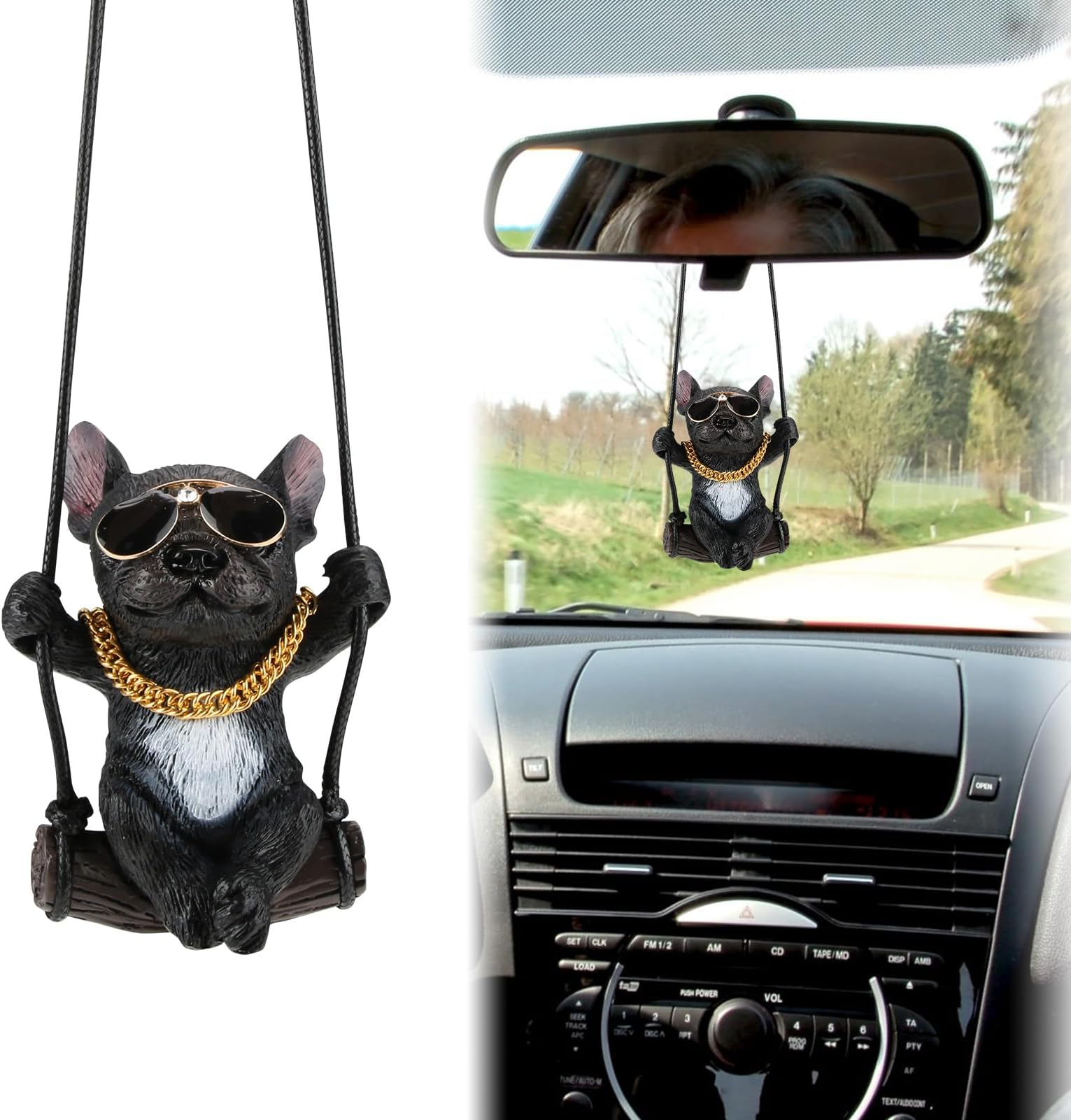 Lustiger Auto Spiegel Anhänger Französische Bulldogge - Auto Dekoration Mit Rindslederband
