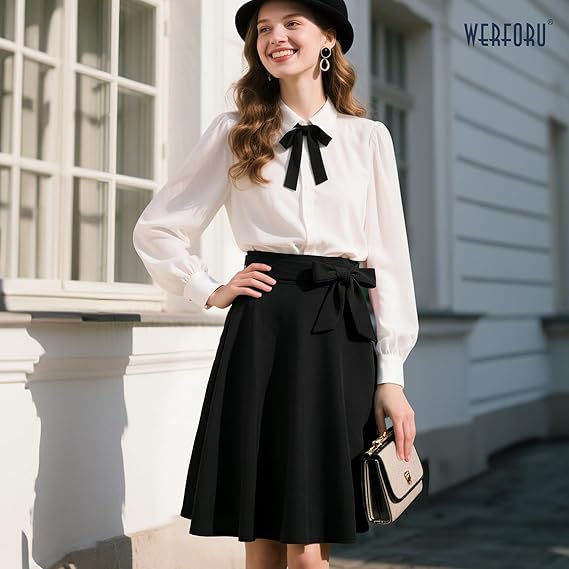 WERFORU Midi-rok voor dames, jaren '50, polkadots, rockabilly, vintage, A- lijn, swing, plooirok met riem, zwart, S