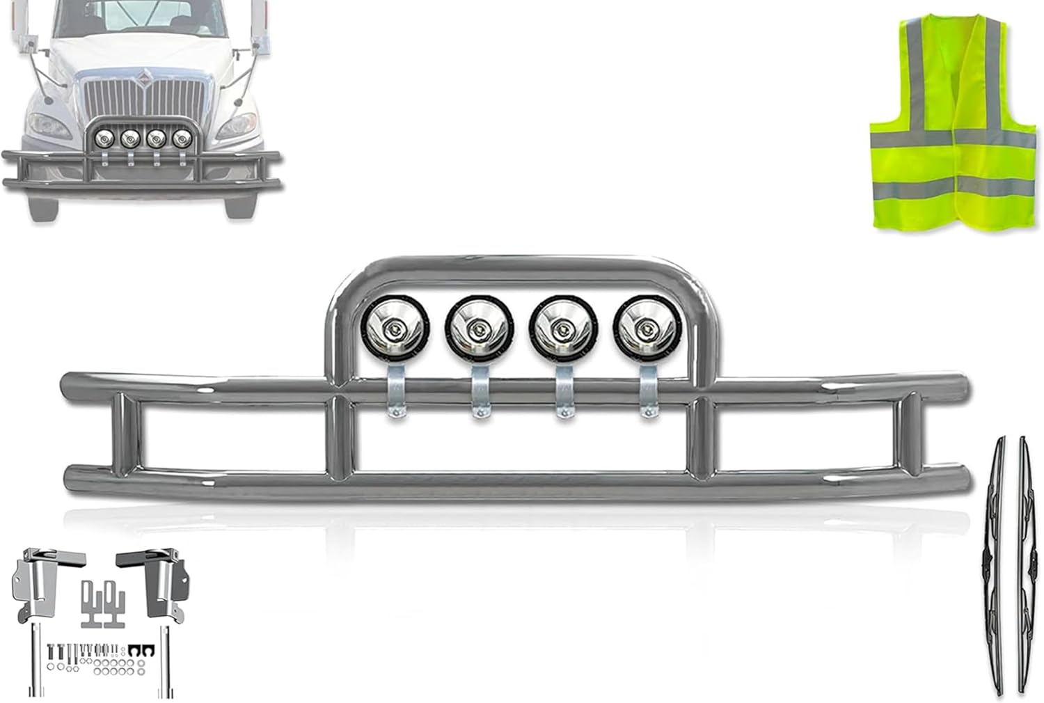 Compatible with International Prostar Front Bumper Grille Deer Brush Moose Guard - Round - 4x 6" LED Lights, License Plate Holder, Bracket, Logo, Reflective Vest and Wipers