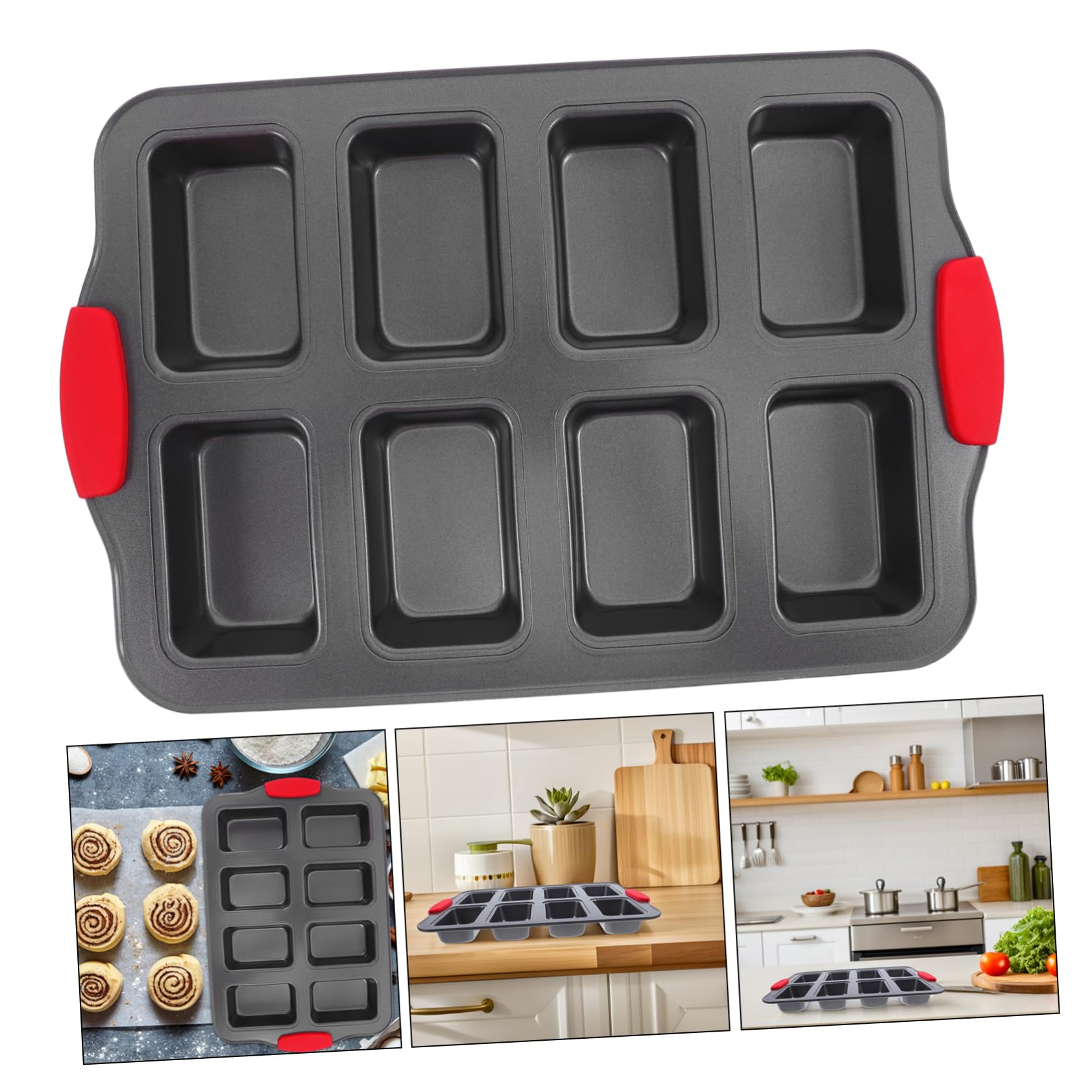 BESTOYARD Molde Rectangular para Bizcocho de Acero Inoxidable, 8 Cavidades, Antiadherente, con Asas Resistentes al Calor, para Hornear en Casa