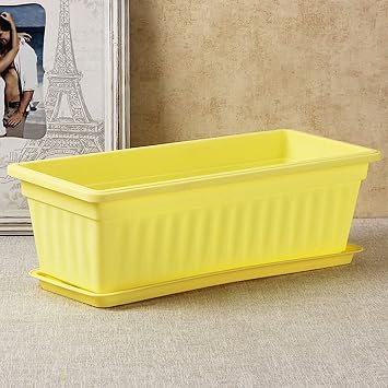 17 Inches Countryside Flower Box Planters, Plastic Vegetable Planters Yellow Flower Window Boxes with Attached Tray for Windowsill, Patio, Garden, Balcony