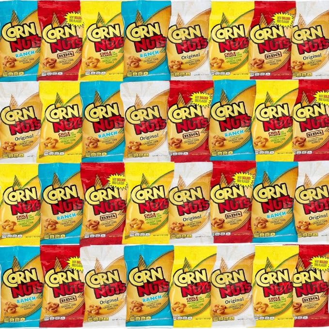 Corn Nuts Snack Variety Pack - Crunchy Corn Kernels Assortment (24 Pack) - Original Flavor, Ranch, BBQ, Chile Picante con Limon - Perfect for snacks, office, parties, holidays, gift baskets, college care packages, and movie nights!