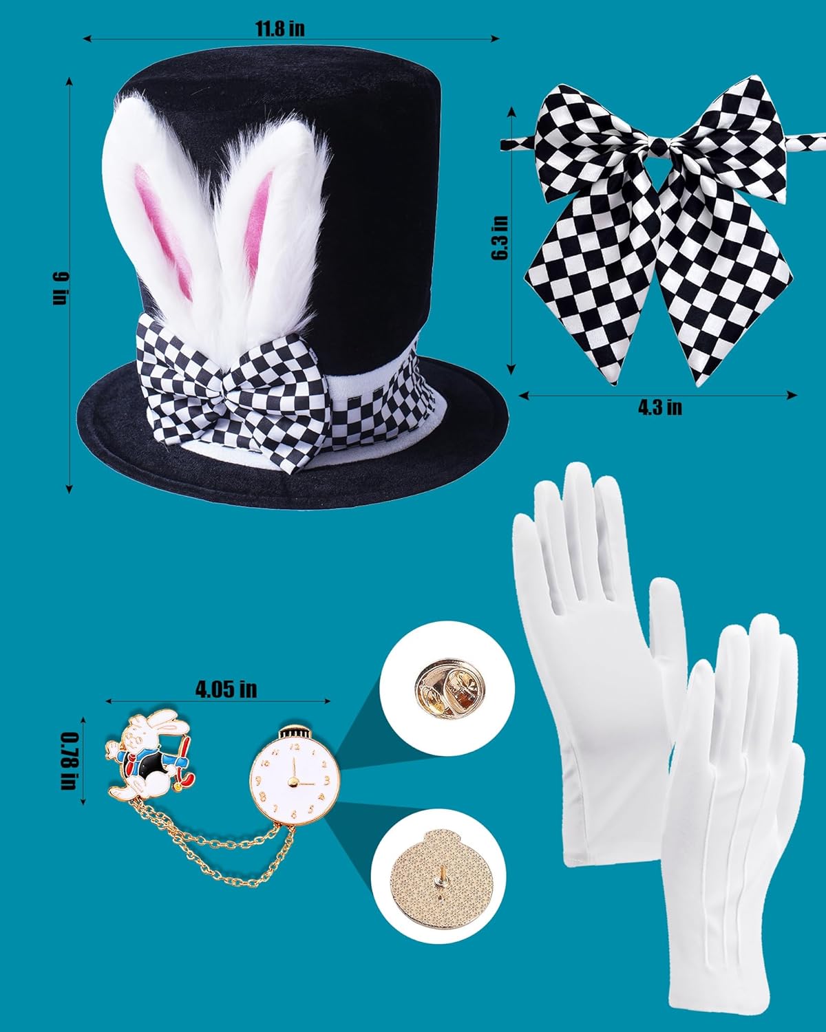 Seiddons Easter White Rabbit Hat Set-Include Rabbits Ears Topper Plush Hat Clock Bowtie Cosplay Bunny Dress Up Halloween Costume Accessories - Image 3