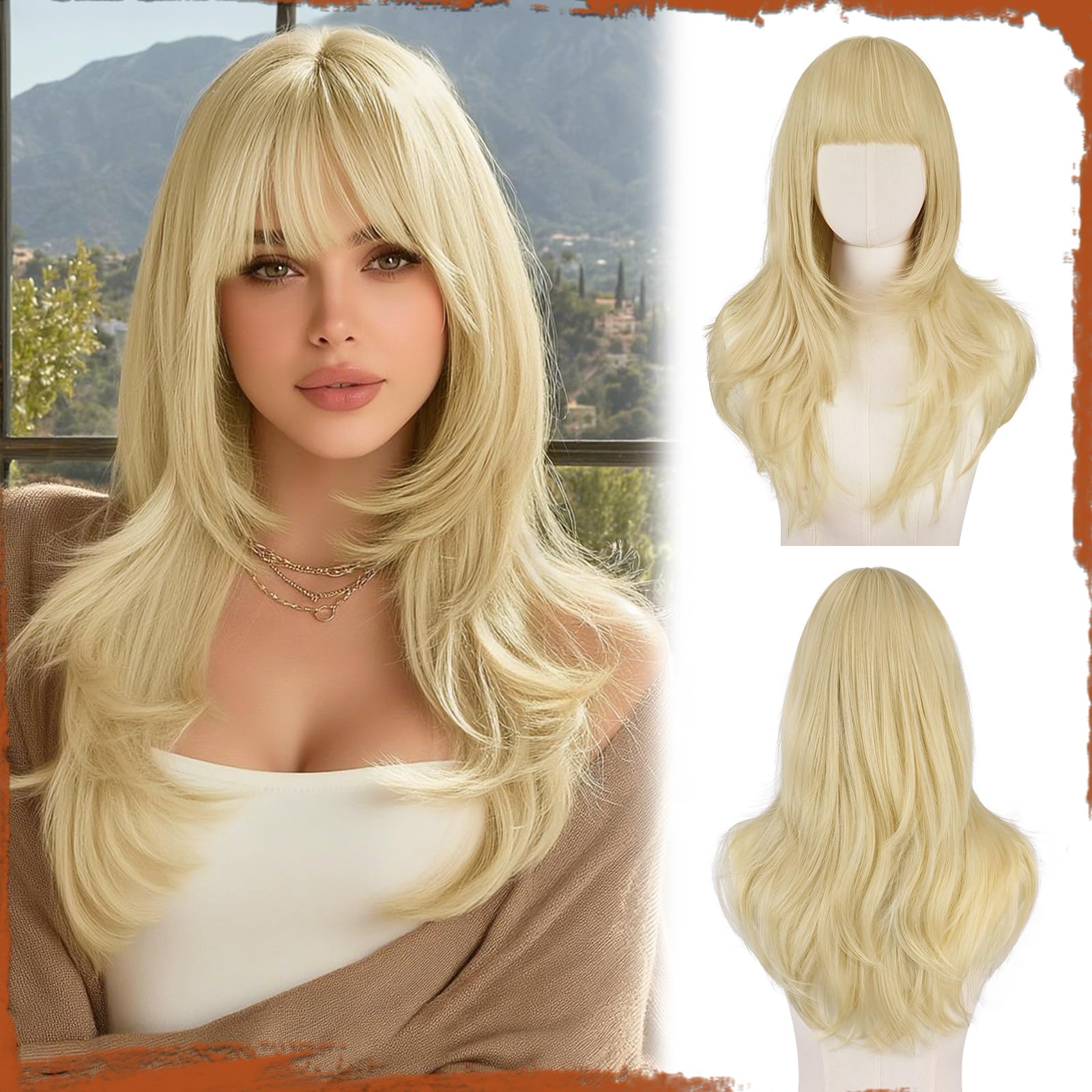24 Inch Long Straight Layered Wig with Bangs Synthetic Heat Resistant Full Elegant Linen Blonde Long Straight Wig with Bangs for Women  main image 3