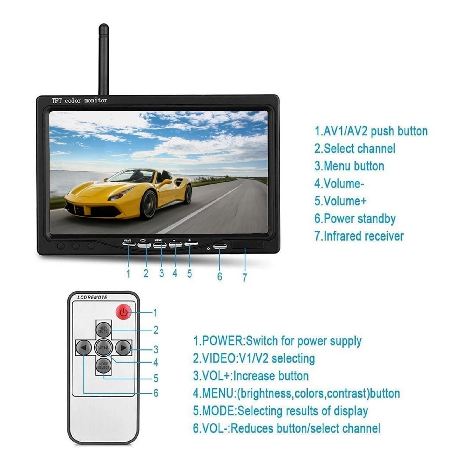 Cámara De Marcha Atrás Inalámbrica For Vehículo, Monitor LCD 7 Pulgadas For Camiones, Autobuses, RV, Remolque, Excavadora, Coche, Visión Trasera 12V-24V Imagen NíTida