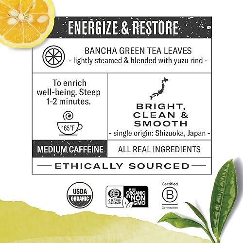 Miniatura 2 de Numi Té orgánico Yuzu Bancha, té verde japonés tostado con cítricos, caja de 16 bolsas de té (paquete de 3)