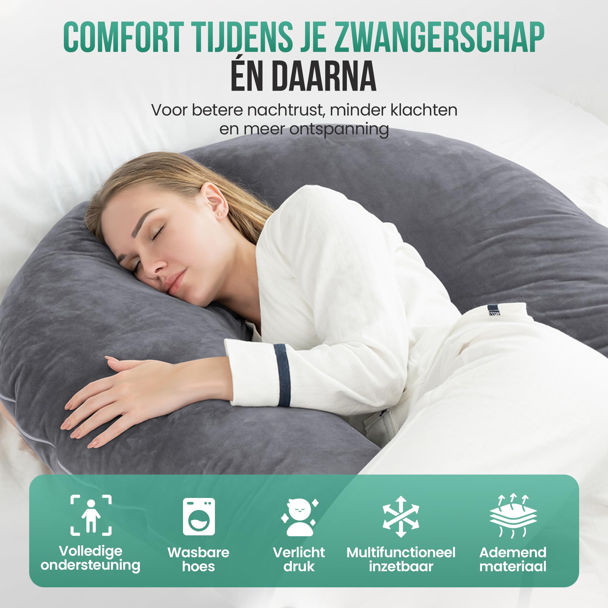 Avalo Cojín de Maternidad XXL 280 cm - Cojín lateral en forma de U - Cojín ergonómico para el cuerpo - Cojín de Nutrición y Almohada para el Cuerpo para Mujeres Embarazadas - Gris Oscuro