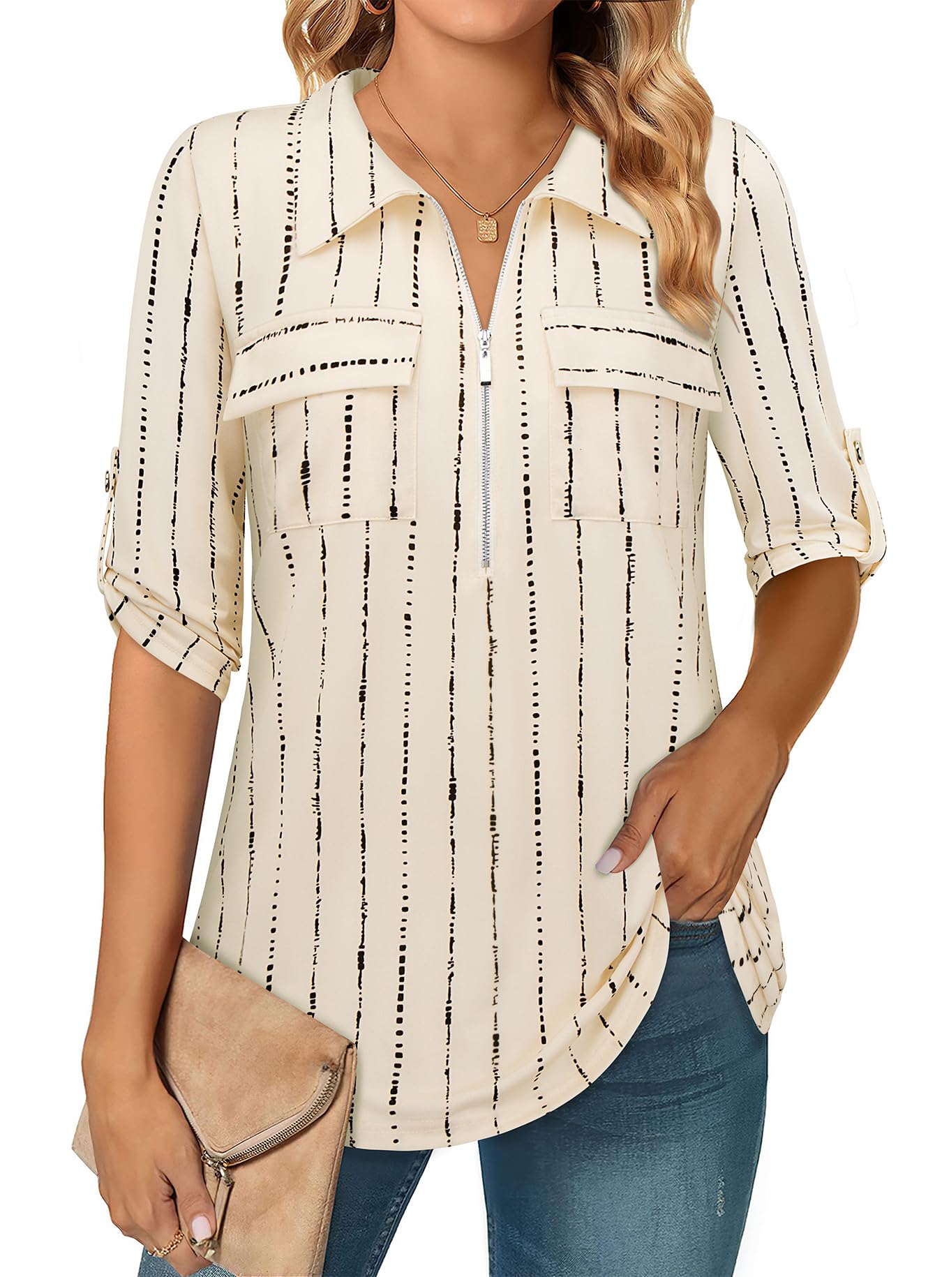 Bulotus Women's 3/4 Sleeve Collared Blouses Business Casual Zip Front V Neck Loose Fit Tunic Tops